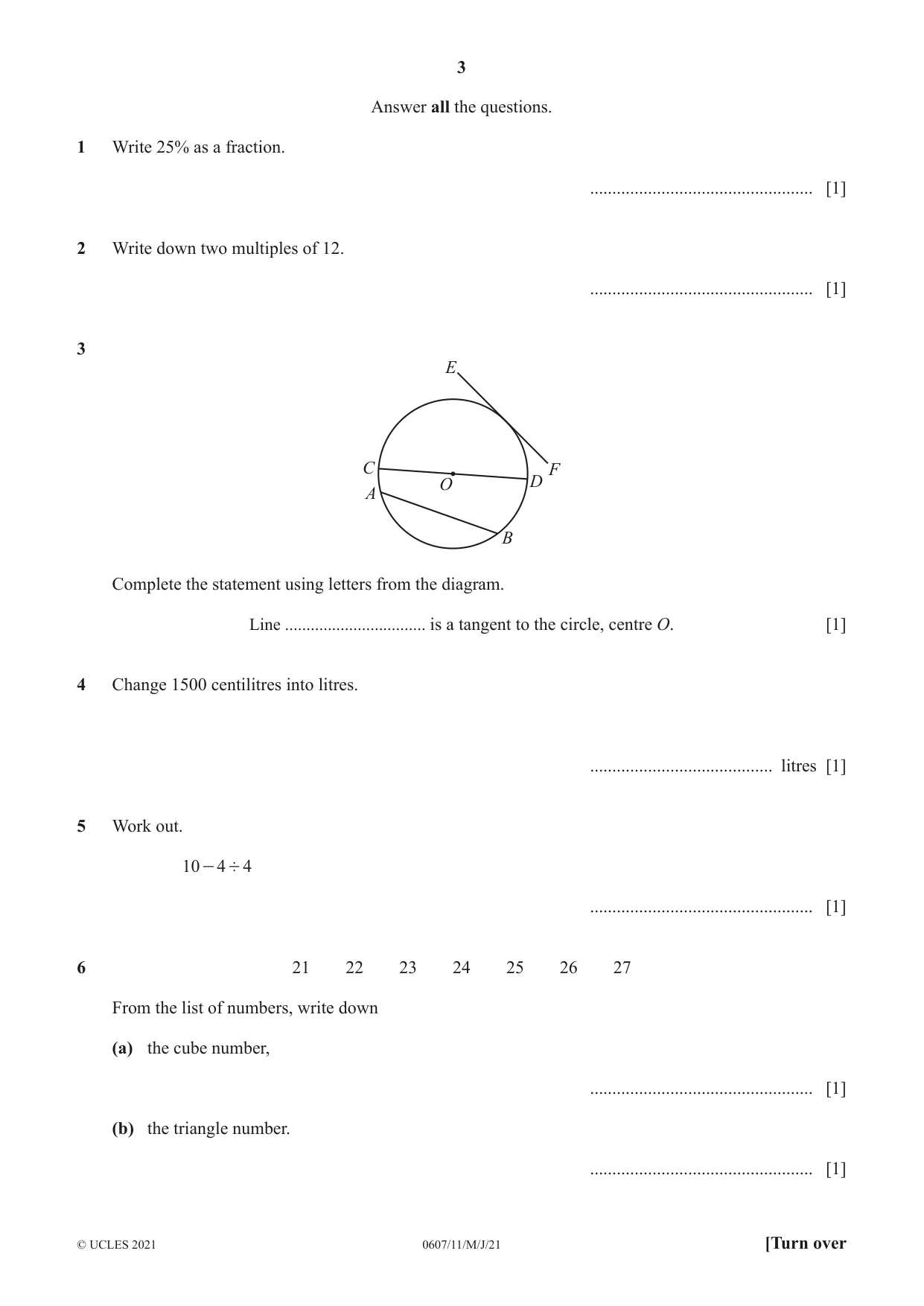Cambridge IGCSE Mathematics - International 0607 2021 May/June Paper 1 · Variant 1 question paper, page 3 of 8