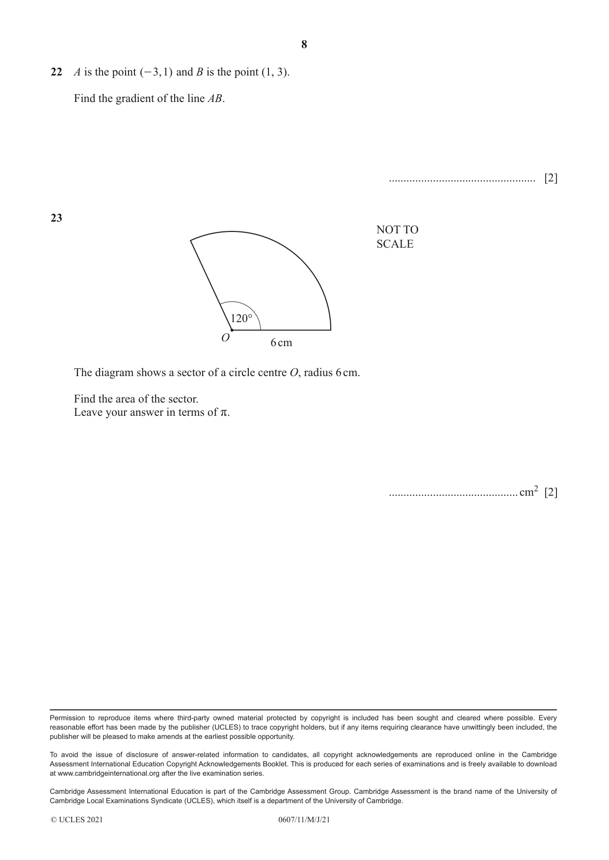 Cambridge IGCSE Mathematics - International 0607 2021 May/June Paper 1 · Variant 1 question paper, page 8 of 8