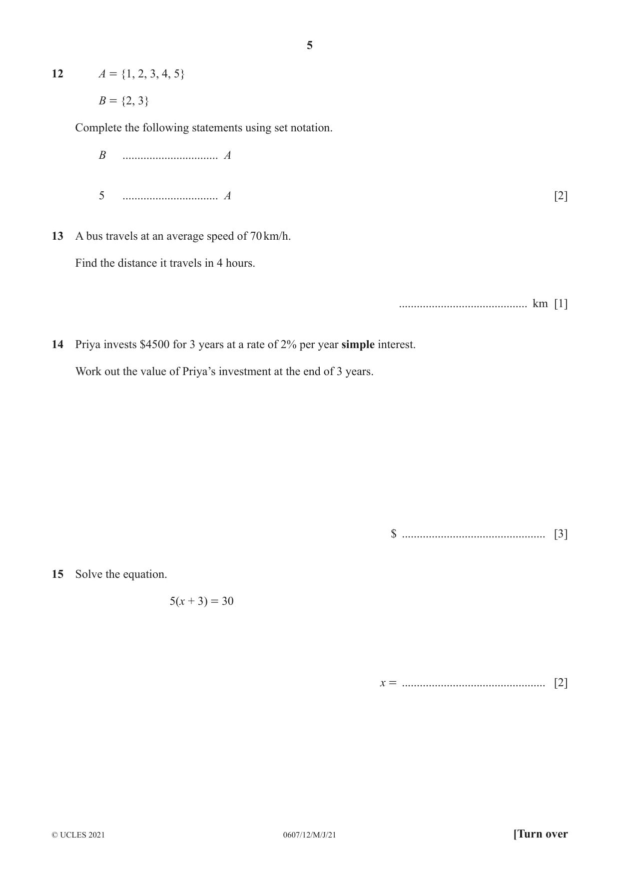 Cambridge IGCSE Mathematics - International 0607 2021 May/June Paper 1 · Variant 2 question paper, page 5 of 8