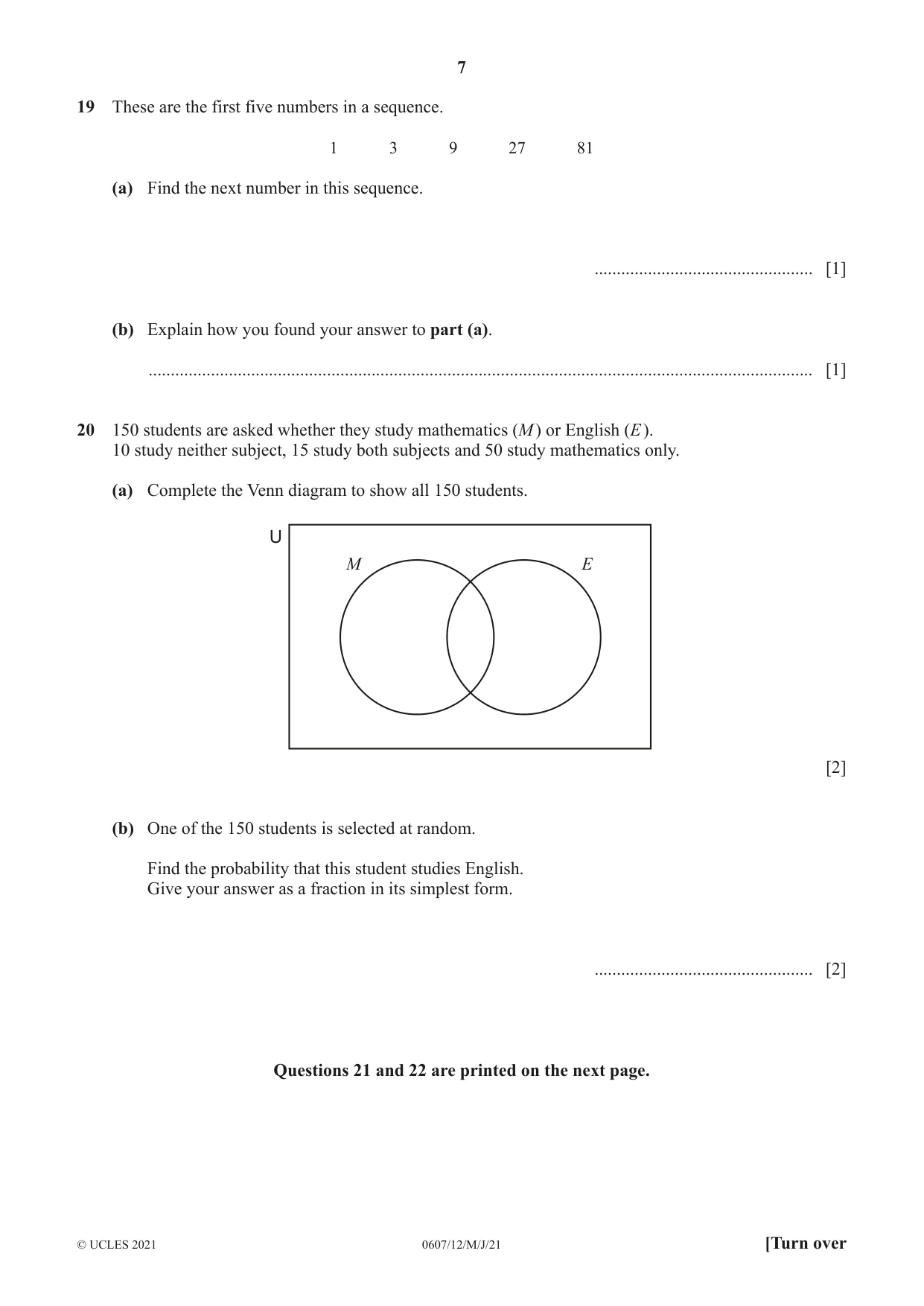 Cambridge IGCSE Mathematics - International 0607 2021 May/June Paper 1 · Variant 2 question paper, page 7 of 8