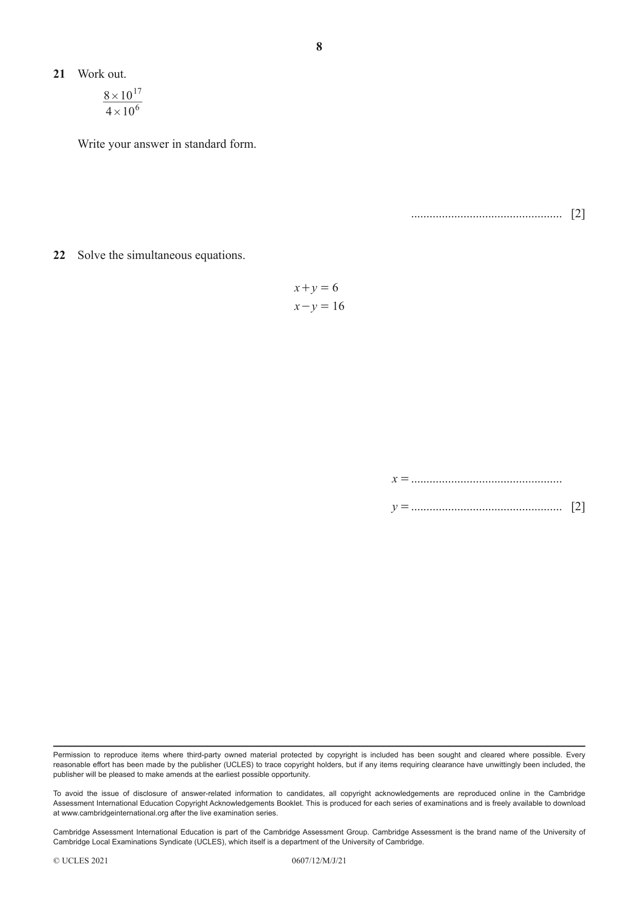 Cambridge IGCSE Mathematics - International 0607 2021 May/June Paper 1 · Variant 2 question paper, page 8 of 8