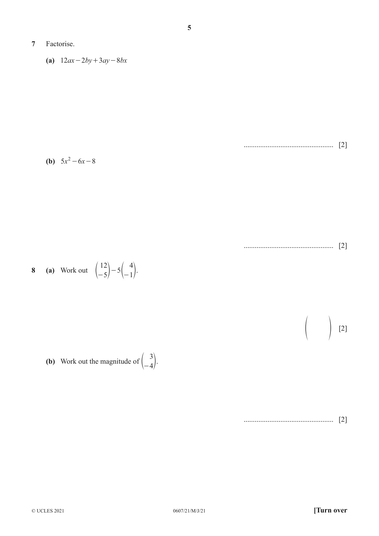 Cambridge IGCSE Mathematics - International 0607 2021 May/June Paper 2 · Variant 1 question paper, page 5 of 8