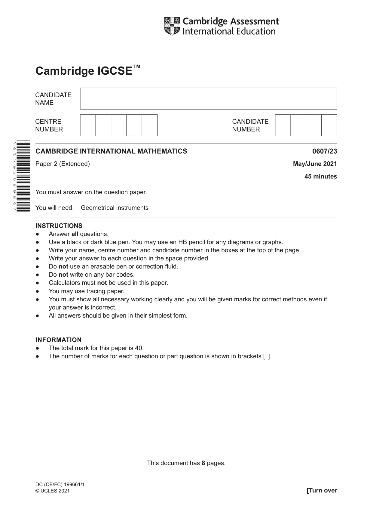 Cambridge IGCSE Mathematics - International 0607 2021 May/June Paper 2 · Variant 3 question paper, page 1 of 8
