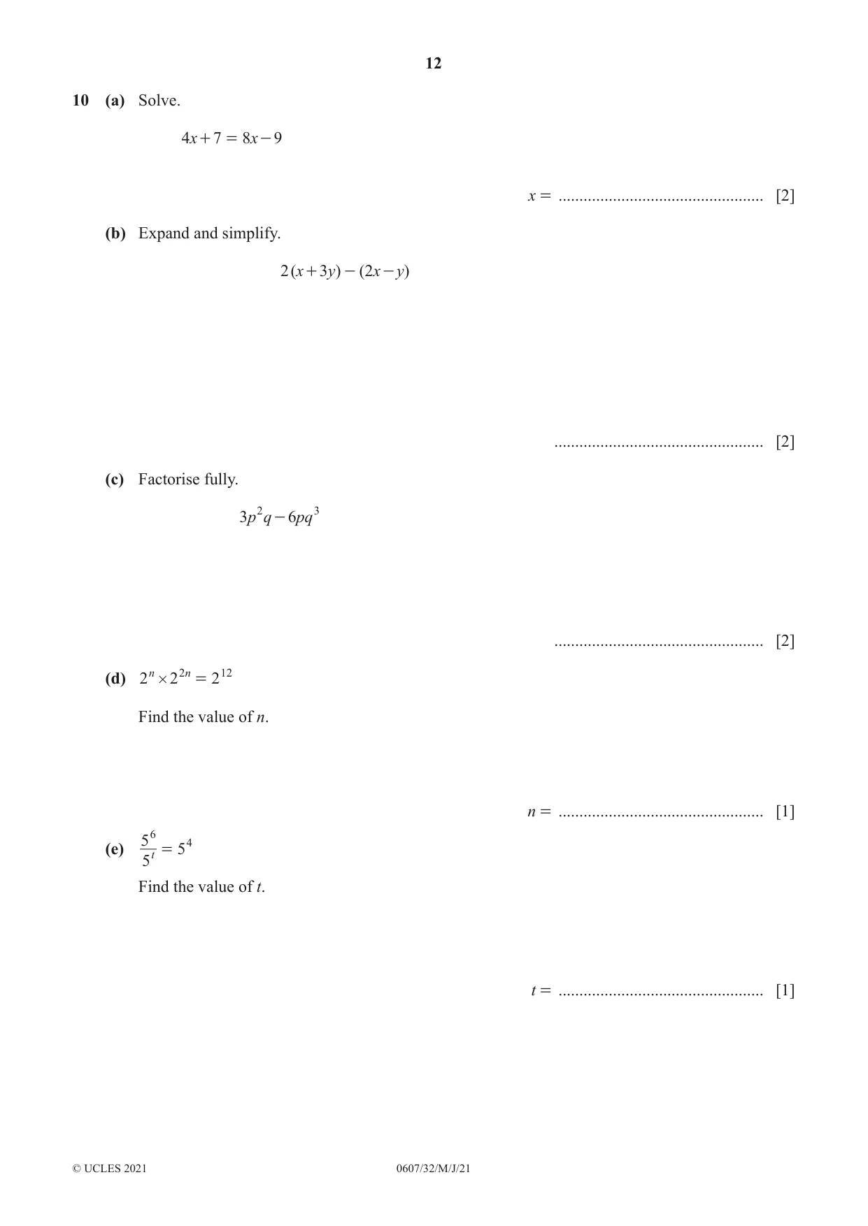Cambridge IGCSE Mathematics - International 0607 2021 May/June Paper 3 · Variant 2 question paper, page 12 of 16