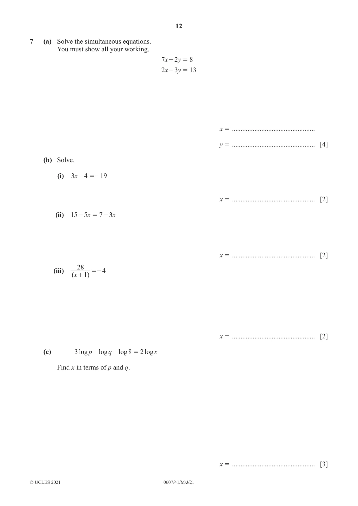 Cambridge IGCSE Mathematics - International 0607 2021 May/June Paper 4 · Variant 1 question paper, page 12 of 20