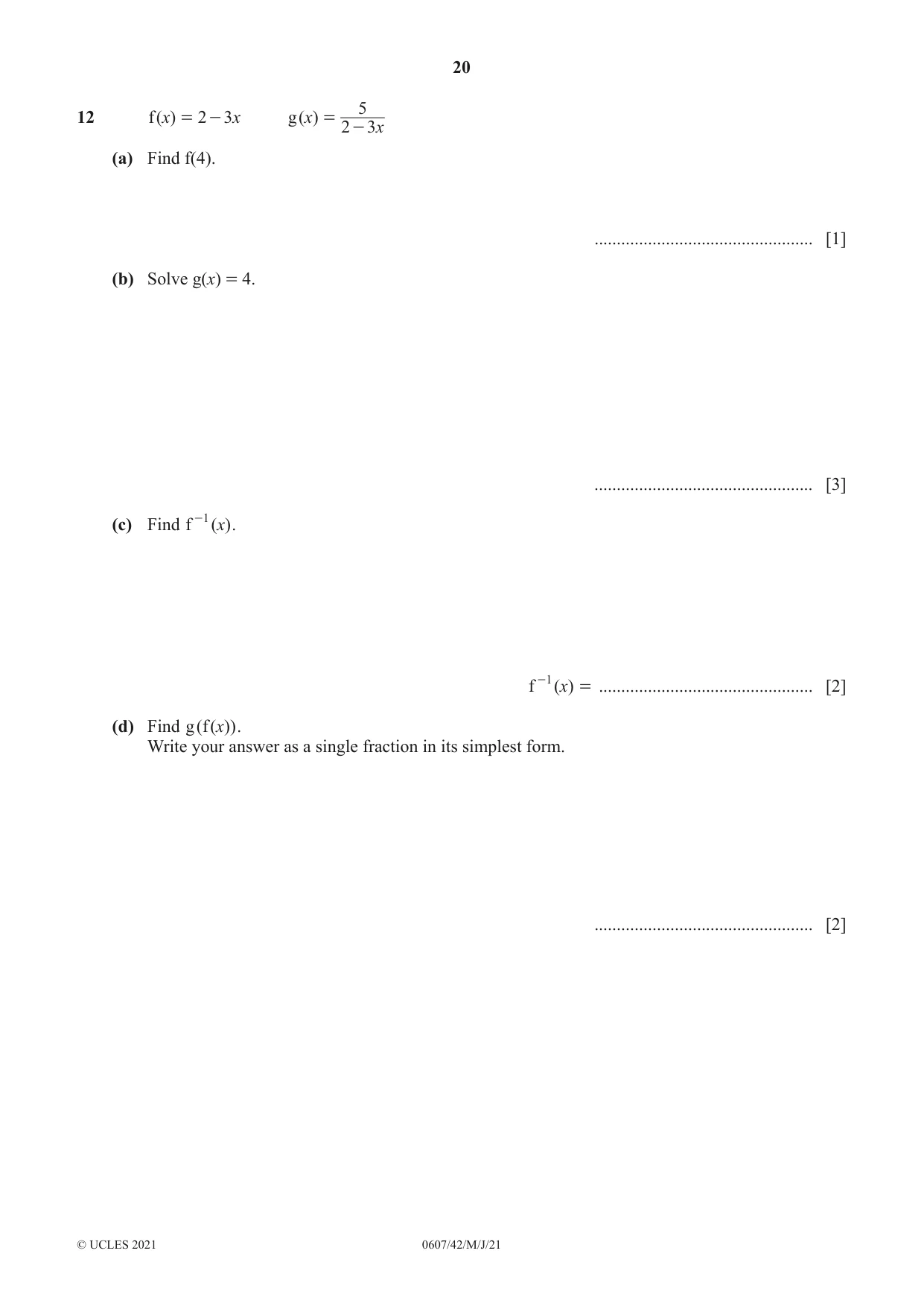 Cambridge IGCSE Mathematics - International 0607 2021 May/June Paper 4 · Variant 2 question paper, page 20 of 24