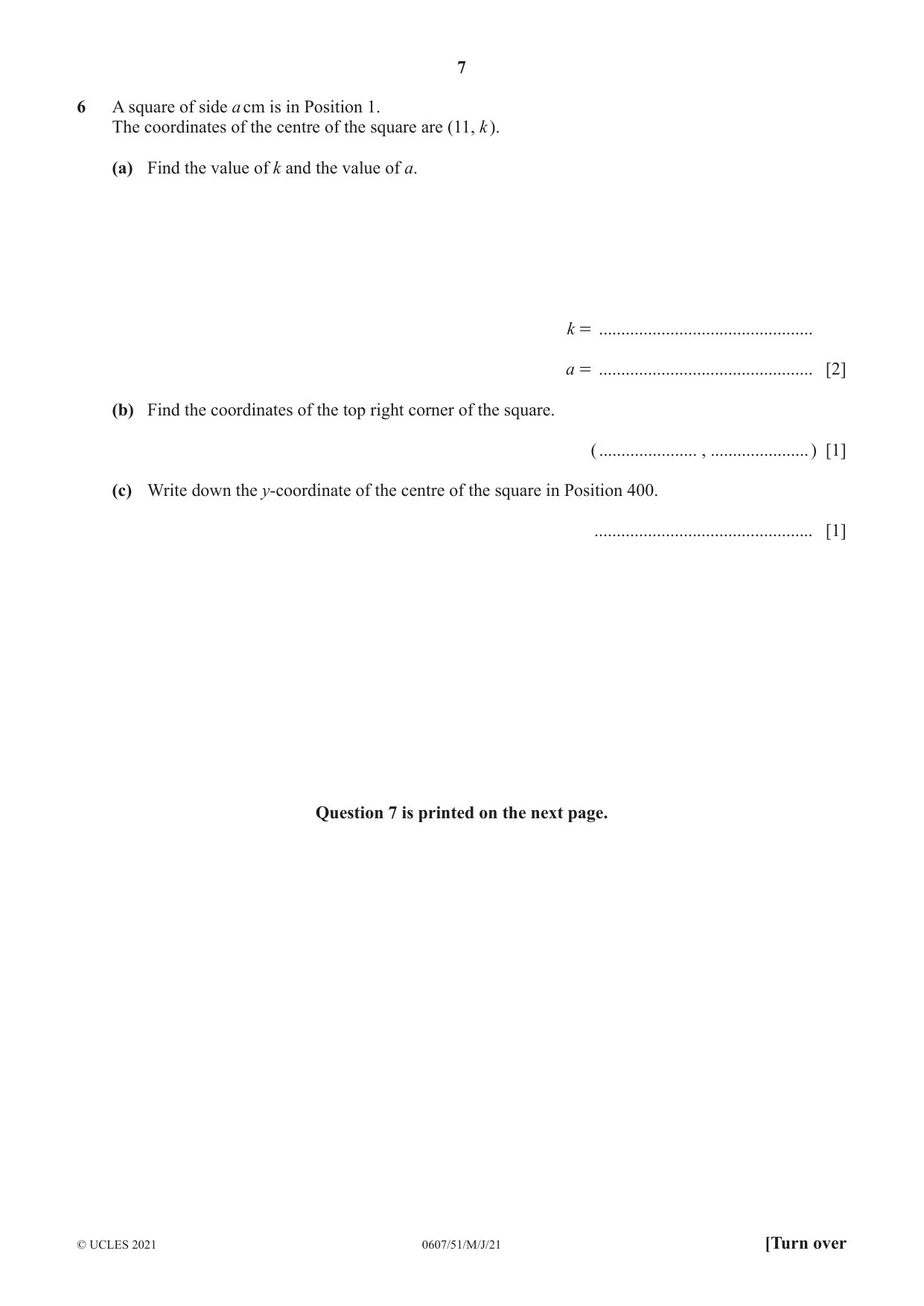 Cambridge IGCSE Mathematics - International 0607 2021 May/June Paper 5 · Variant 1 question paper, page 7 of 8