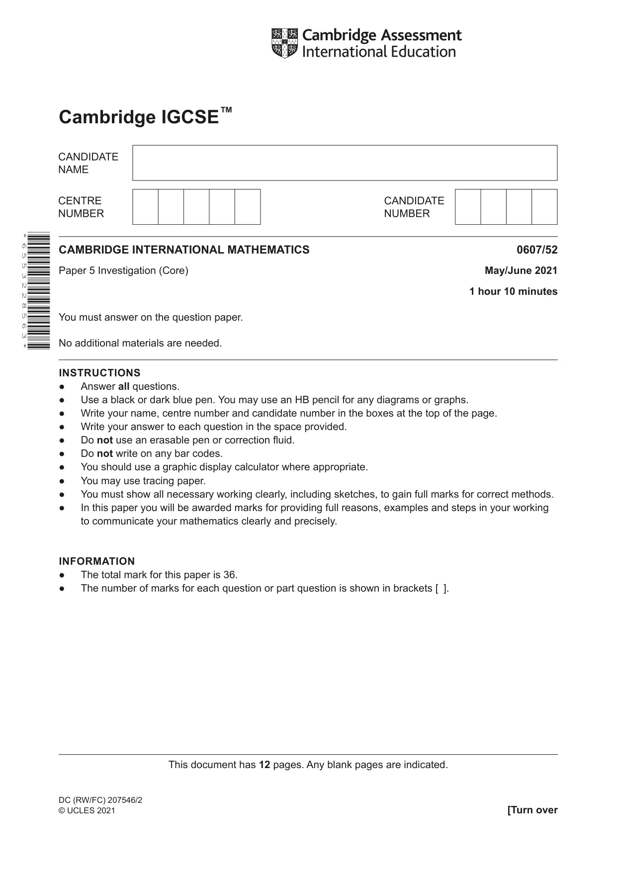 Cambridge IGCSE Mathematics - International 0607 2021 May/June Paper 5 · Variant 2 question paper, page 1 of 12