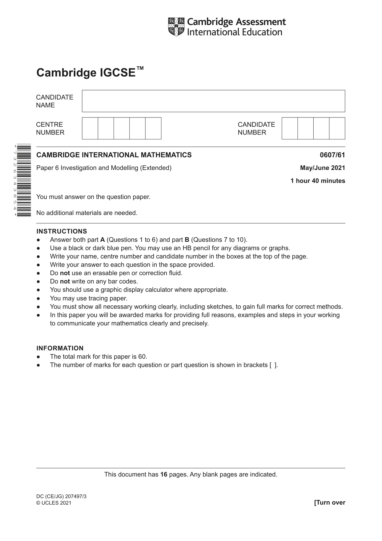 Cambridge IGCSE Mathematics - International 0607 2021 May/June Paper 6 · Variant 1 question paper, page 1 of 16