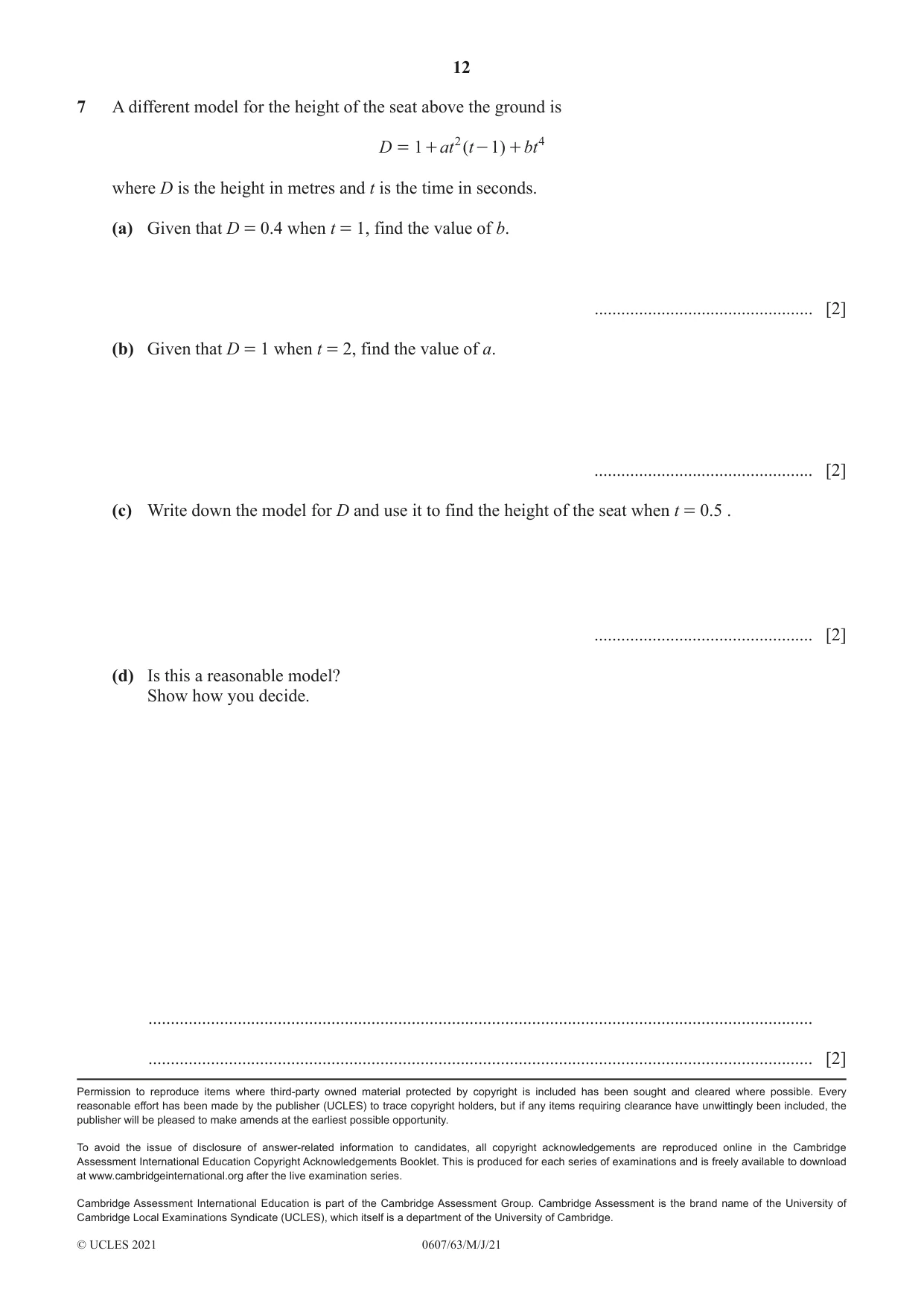Cambridge IGCSE Mathematics - International 0607 2021 May/June Paper 6 · Variant 3 question paper, page 12 of 12