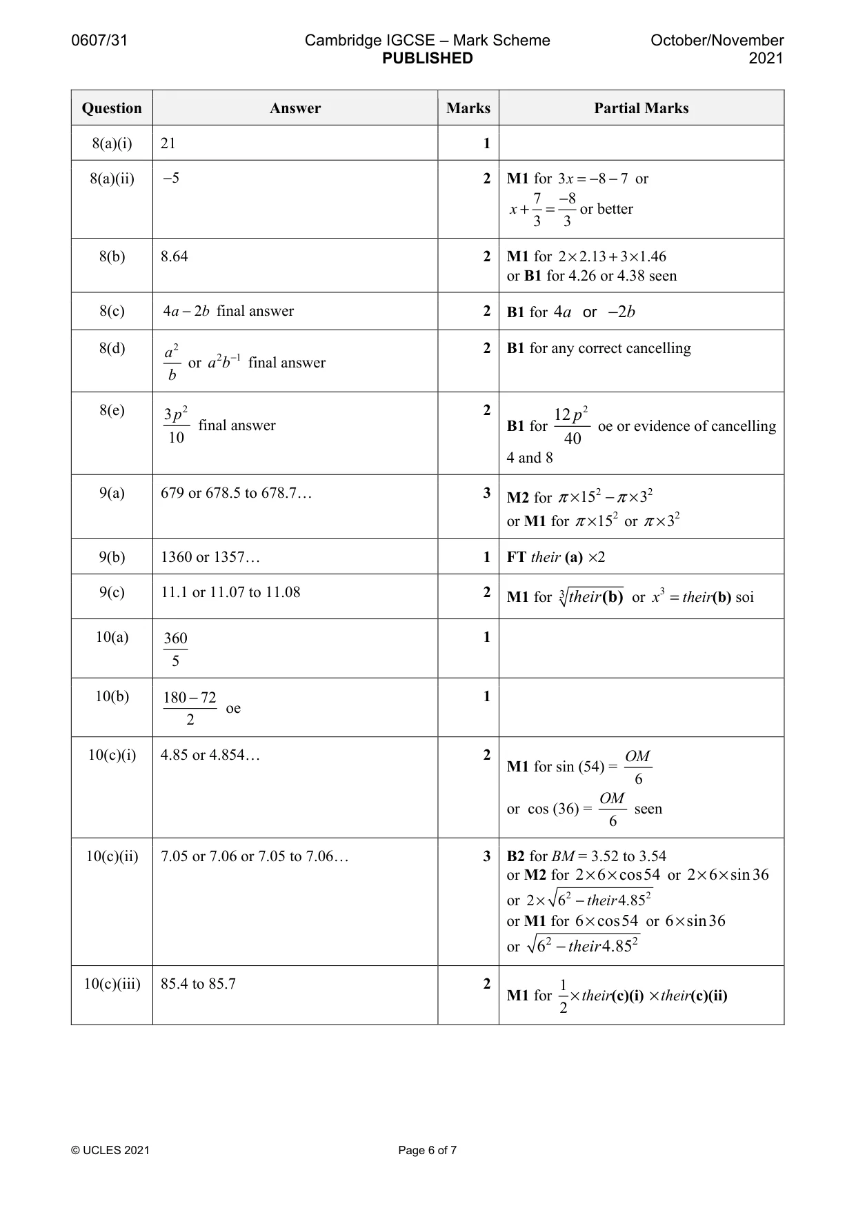 Mark scheme, page 6 of 7