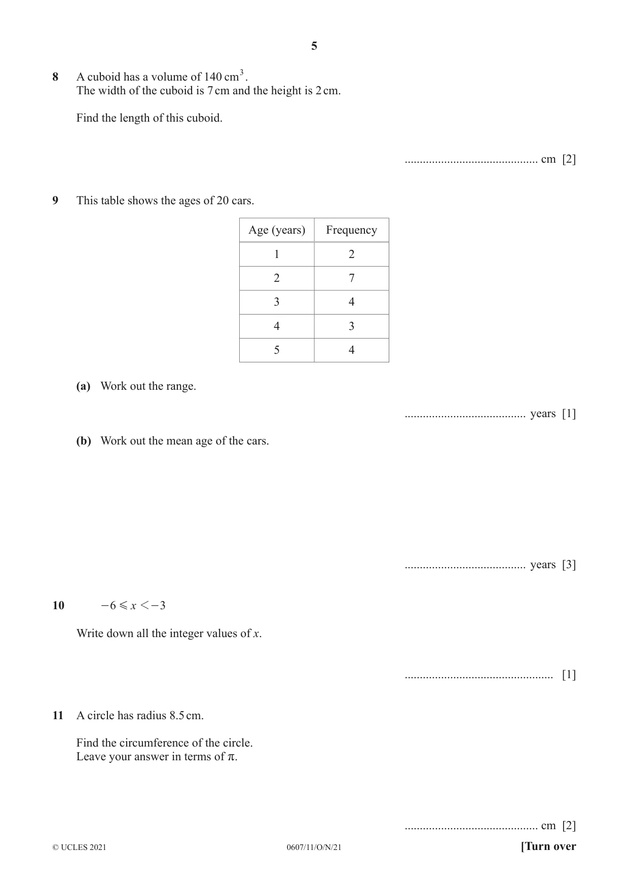 Cambridge IGCSE Mathematics - International 0607 2021 Oct/Nov Paper 1 · Variant 1 question paper, page 5 of 8