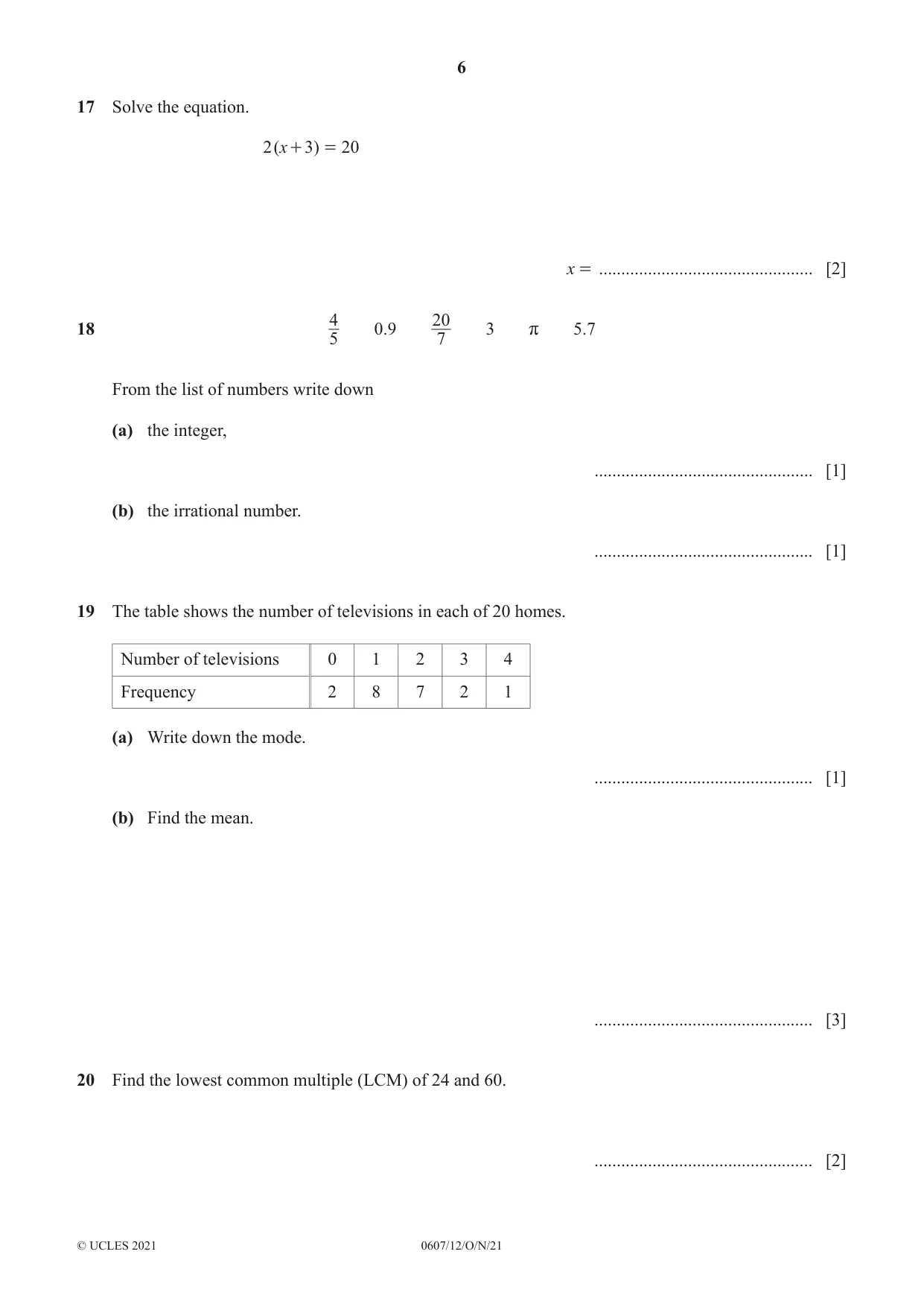 Cambridge IGCSE Mathematics - International 0607 2021 Oct/Nov Paper 1 · Variant 2 question paper, page 6 of 8