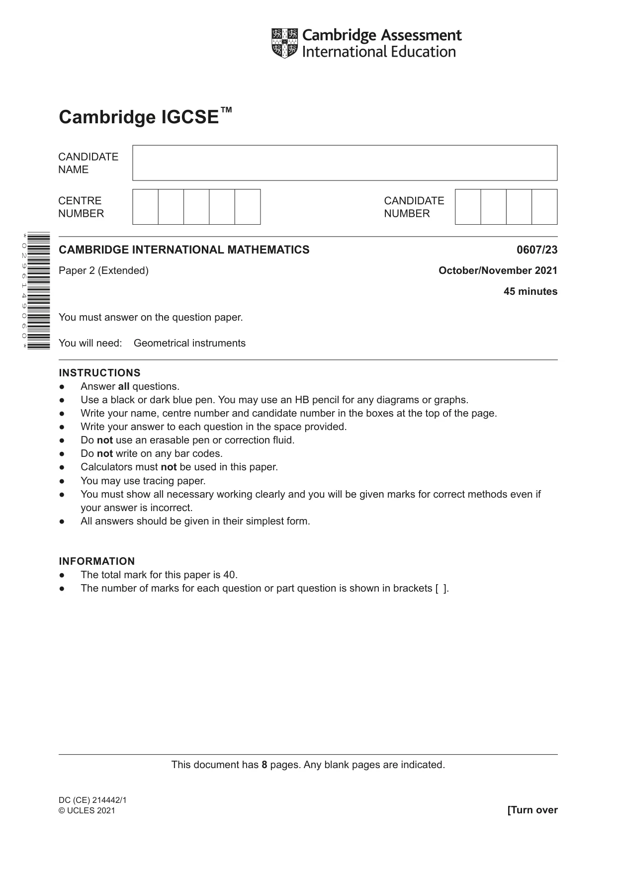 Cambridge IGCSE Mathematics - International 0607 2021 Oct/Nov Paper 2 · Variant 3 question paper, page 1 of 8
