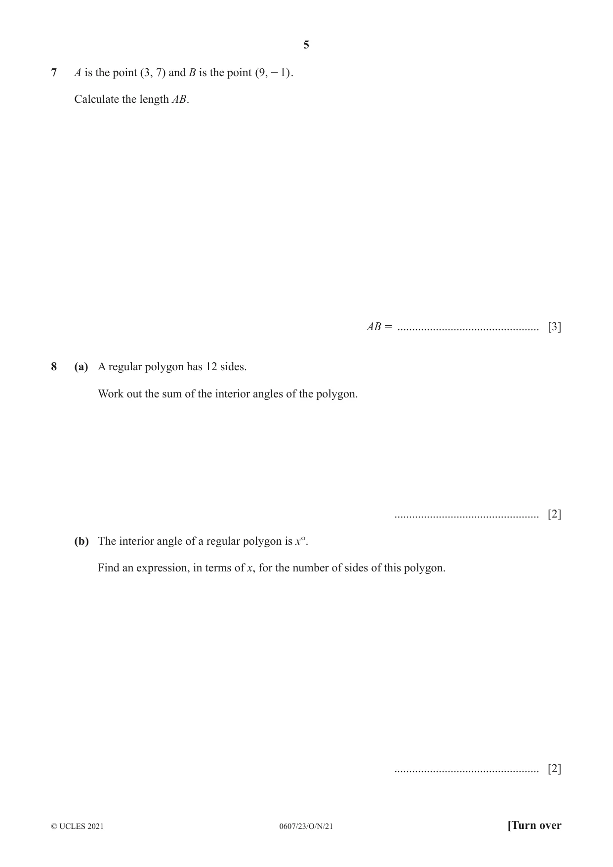 Cambridge IGCSE Mathematics - International 0607 2021 Oct/Nov Paper 2 · Variant 3 question paper, page 5 of 8