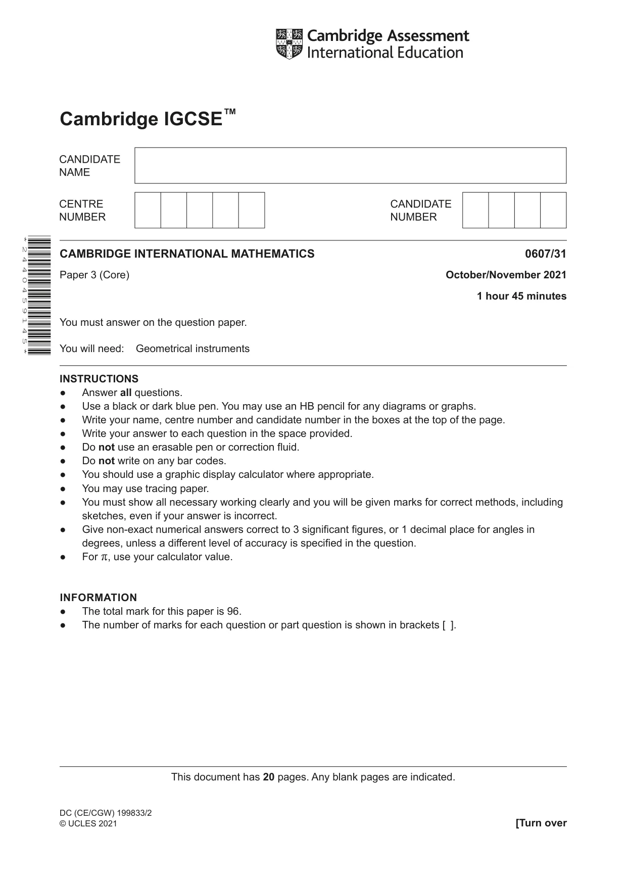 Cambridge IGCSE Mathematics - International 0607 2021 Oct/Nov Paper 3 · Variant 1 question paper, page 1 of 20