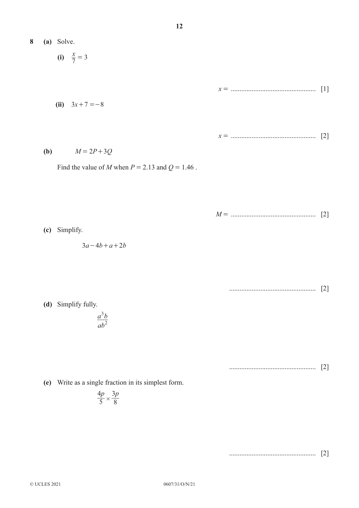 Cambridge IGCSE Mathematics - International 0607 2021 Oct/Nov Paper 3 · Variant 1 question paper, page 12 of 20