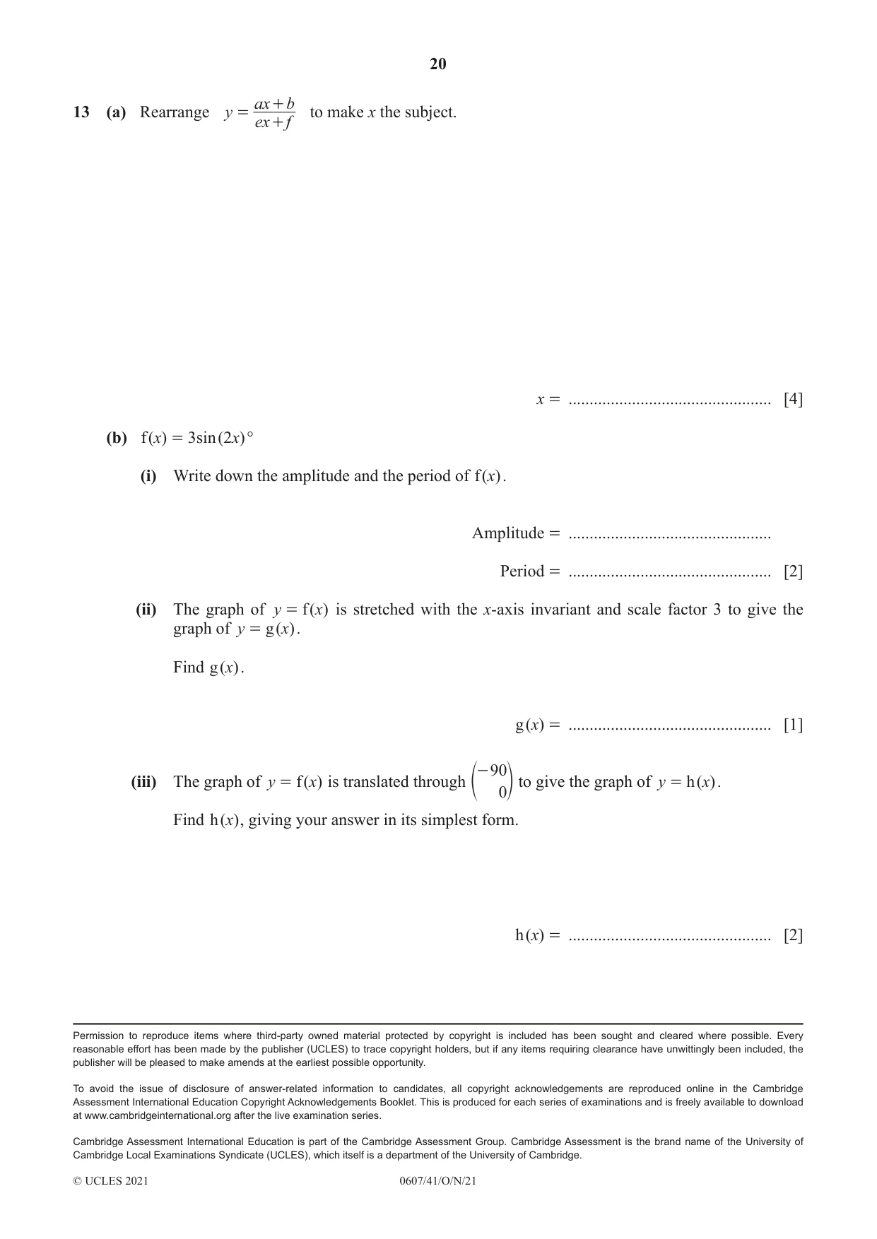 Cambridge IGCSE Mathematics - International 0607 2021 Oct/Nov Paper 4 · Variant 1 question paper, page 20 of 20