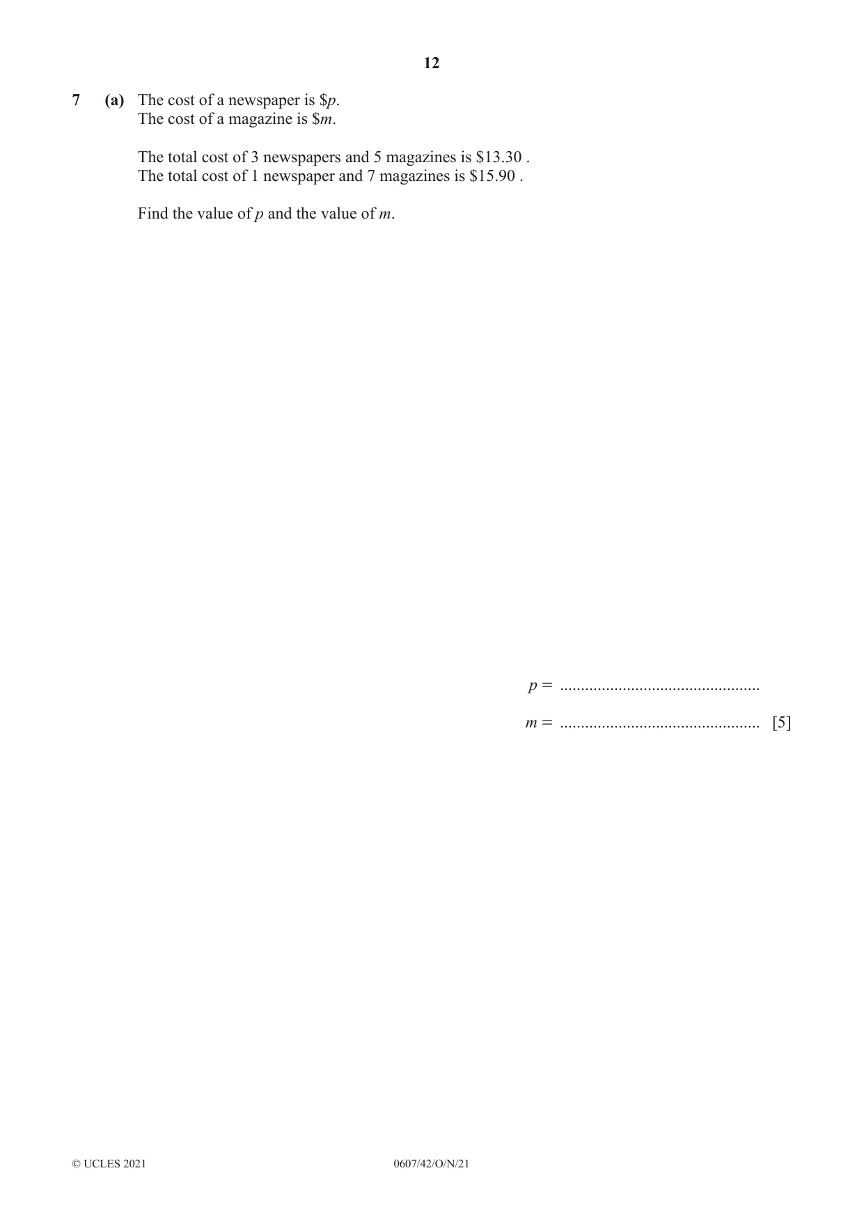 Cambridge IGCSE Mathematics - International 0607 2021 Oct/Nov Paper 4 · Variant 2 question paper, page 12 of 20