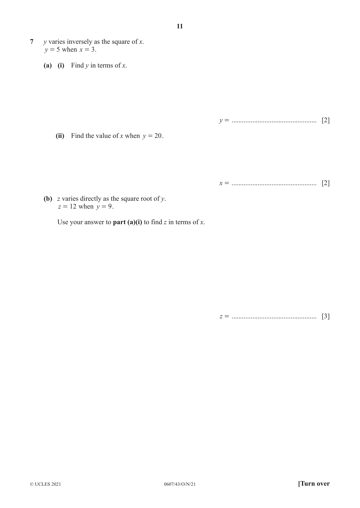 Cambridge IGCSE Mathematics - International 0607 2021 Oct/Nov Paper 4 · Variant 3 question paper, page 11 of 20