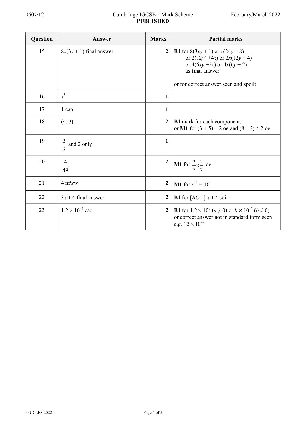 Mark scheme, page 5 of 5