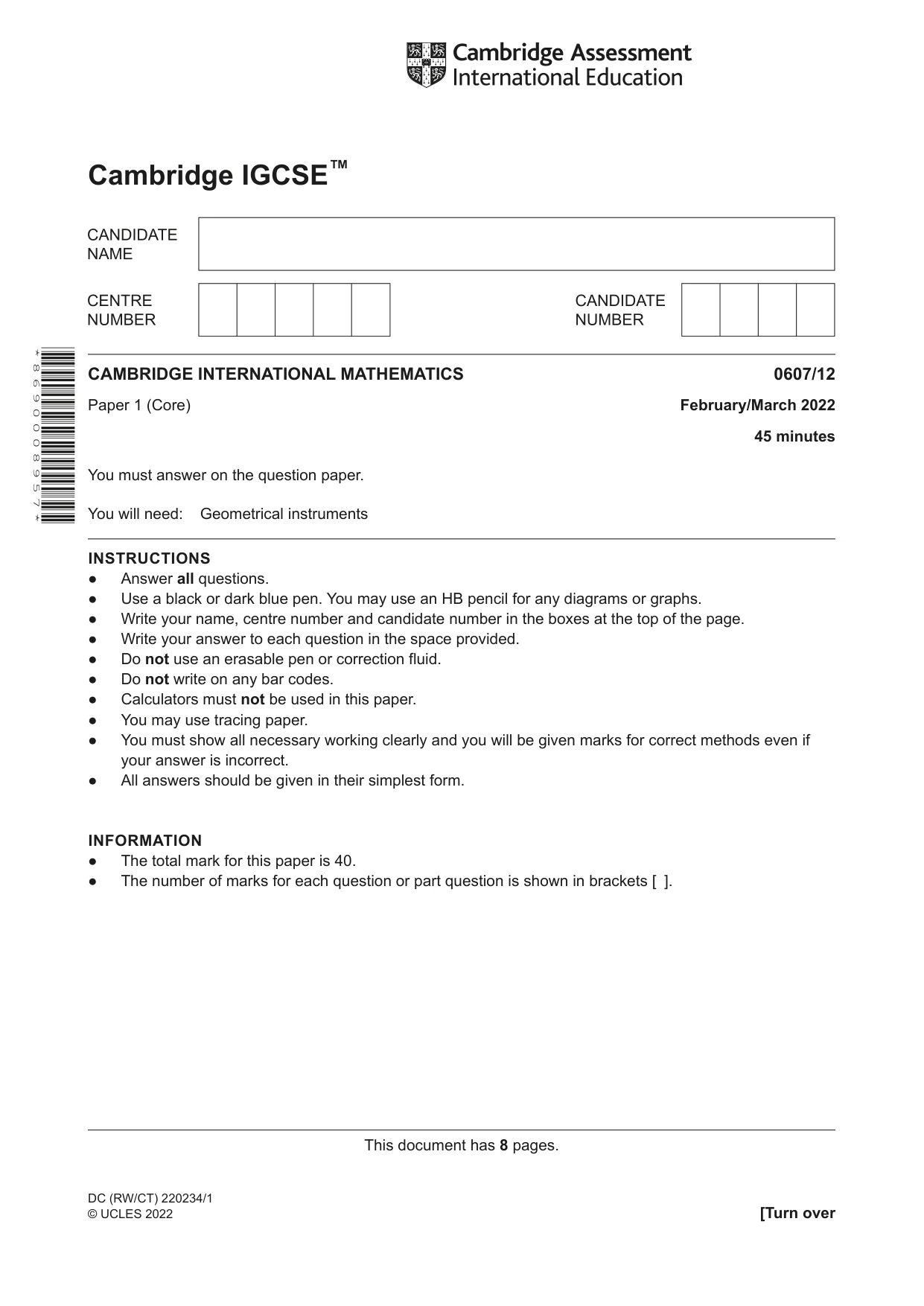 Cambridge IGCSE Mathematics - International 0607 2022 Feb/March Paper 1 · Variant 2 question paper, page 1 of 8