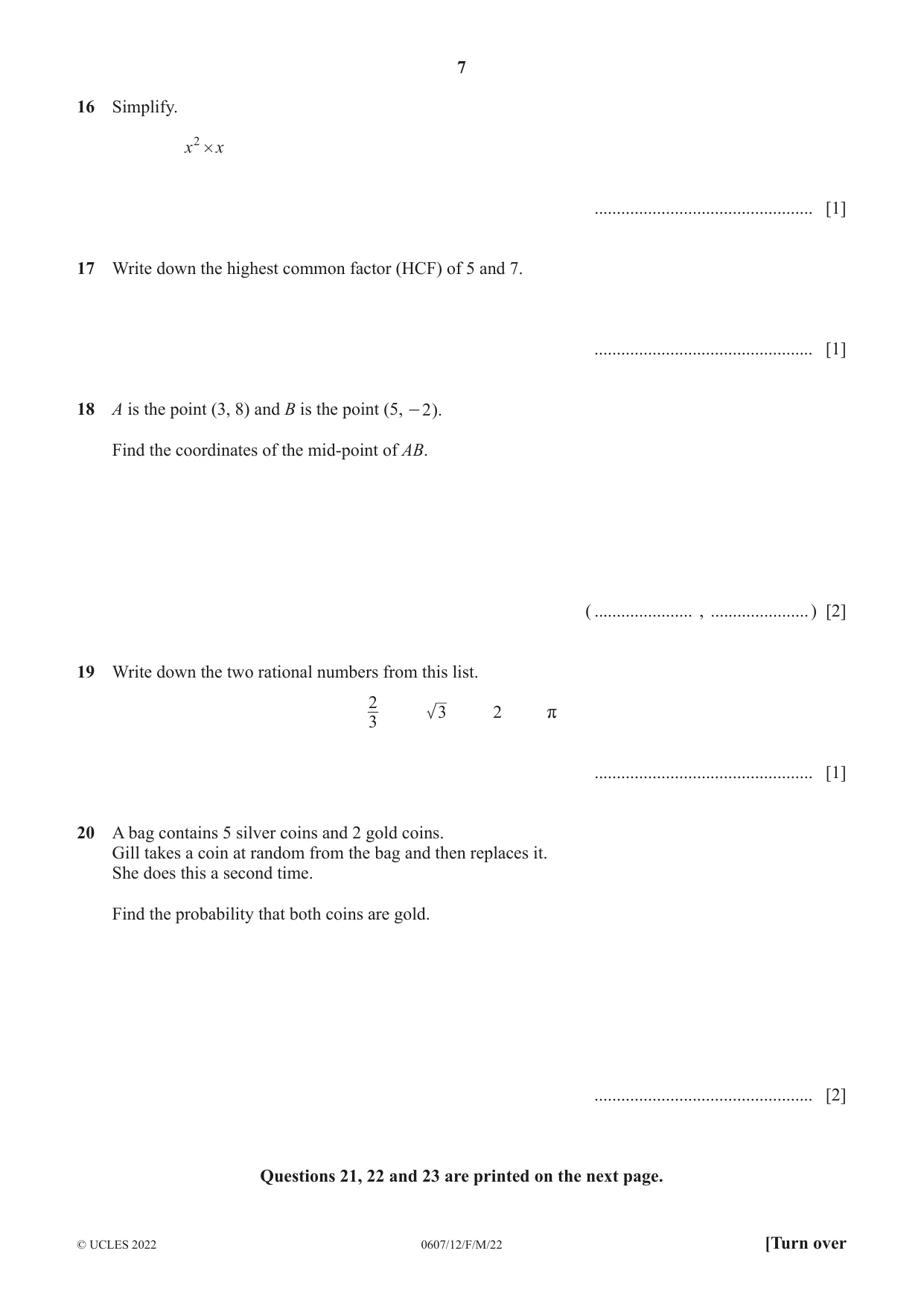 Cambridge IGCSE Mathematics - International 0607 2022 Feb/March Paper 1 · Variant 2 question paper, page 7 of 8