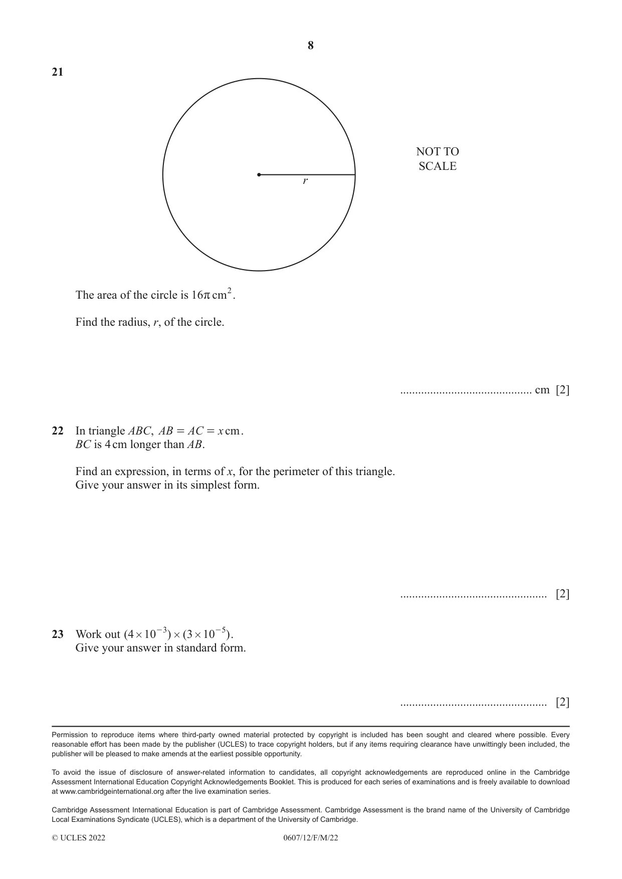 Cambridge IGCSE Mathematics - International 0607 2022 Feb/March Paper 1 · Variant 2 question paper, page 8 of 8
