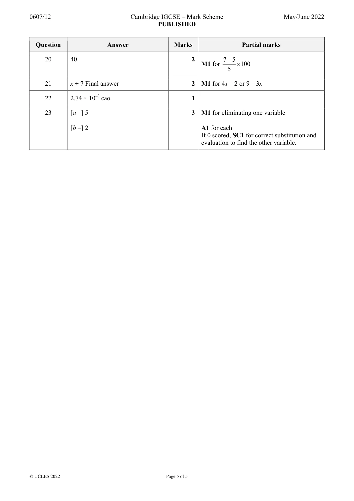 Mark scheme, page 5 of 5
