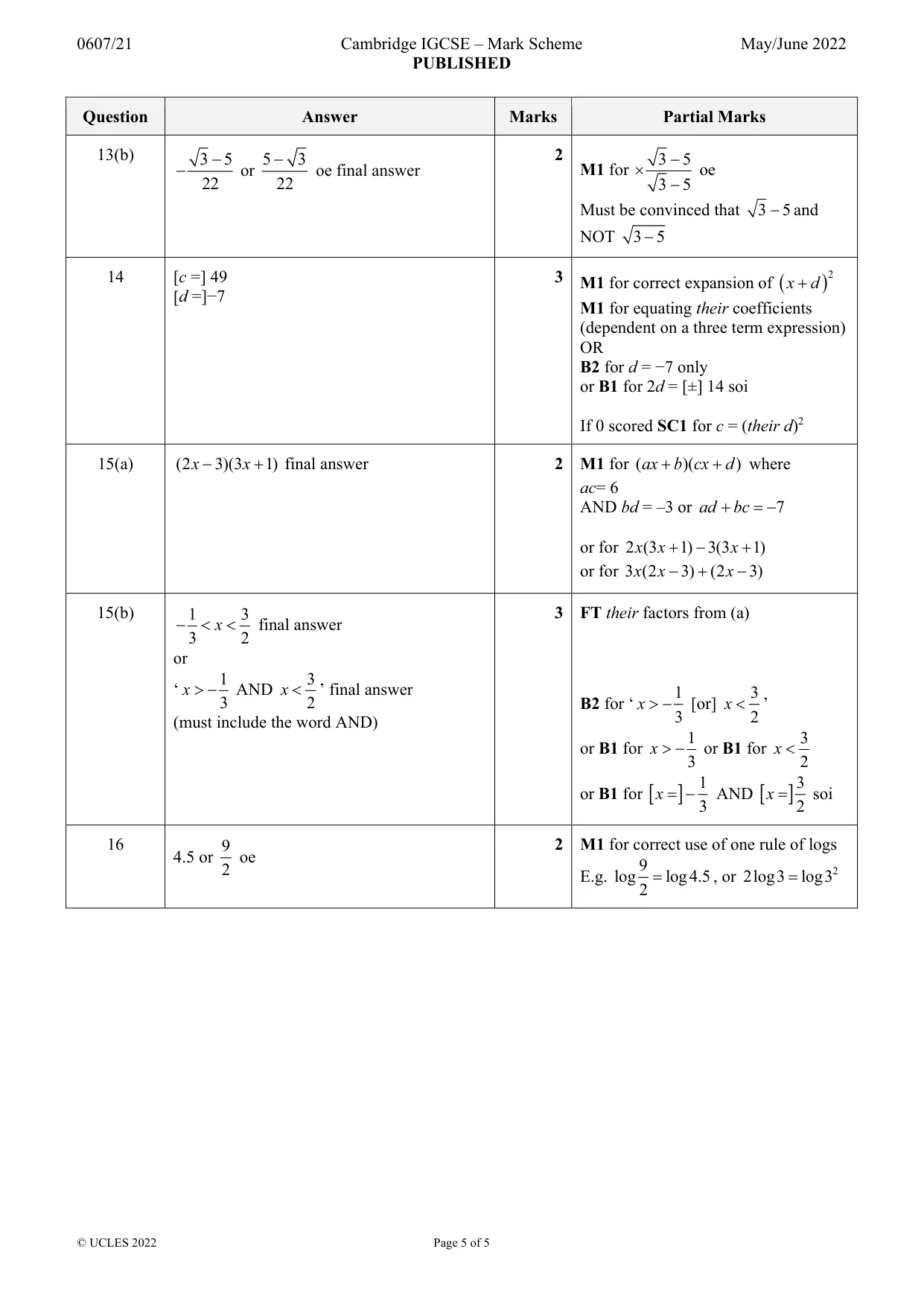 Mark scheme, page 5 of 5