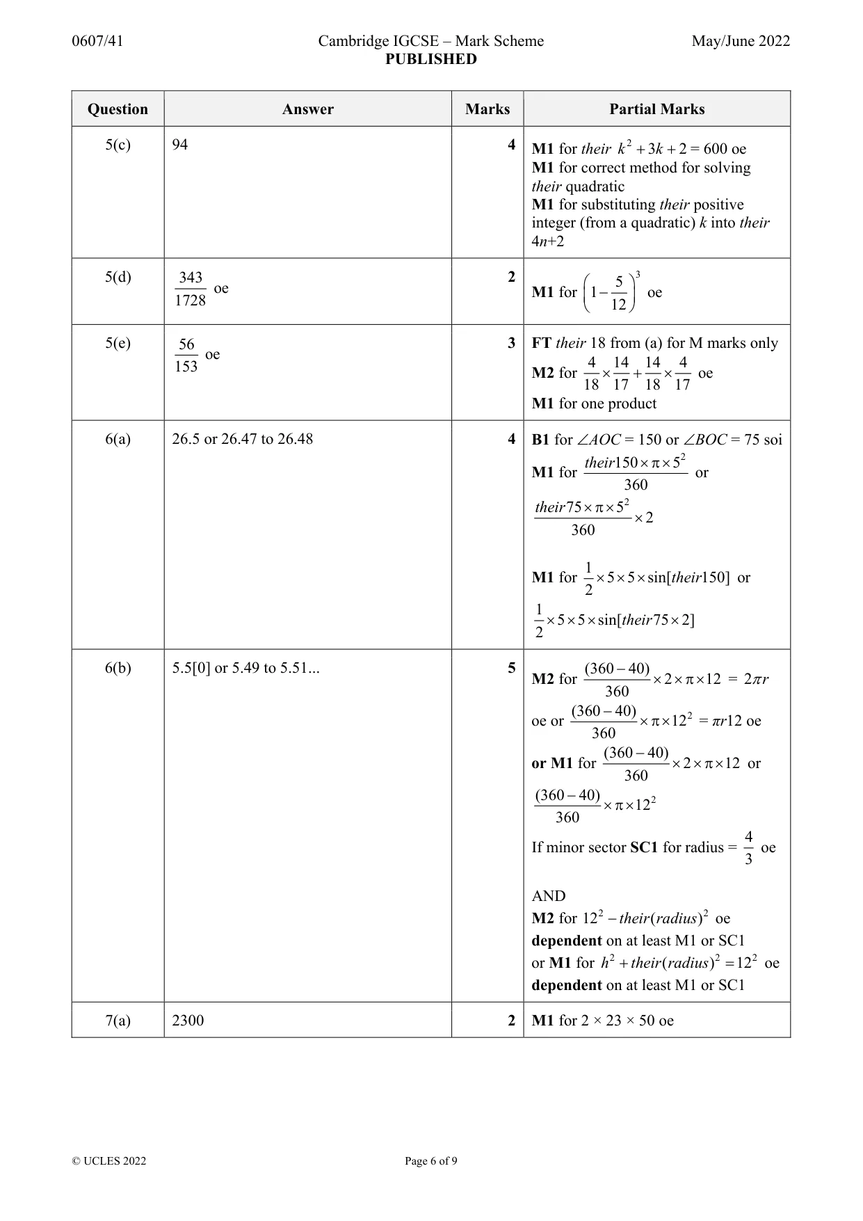 Mark scheme, page 6 of 9