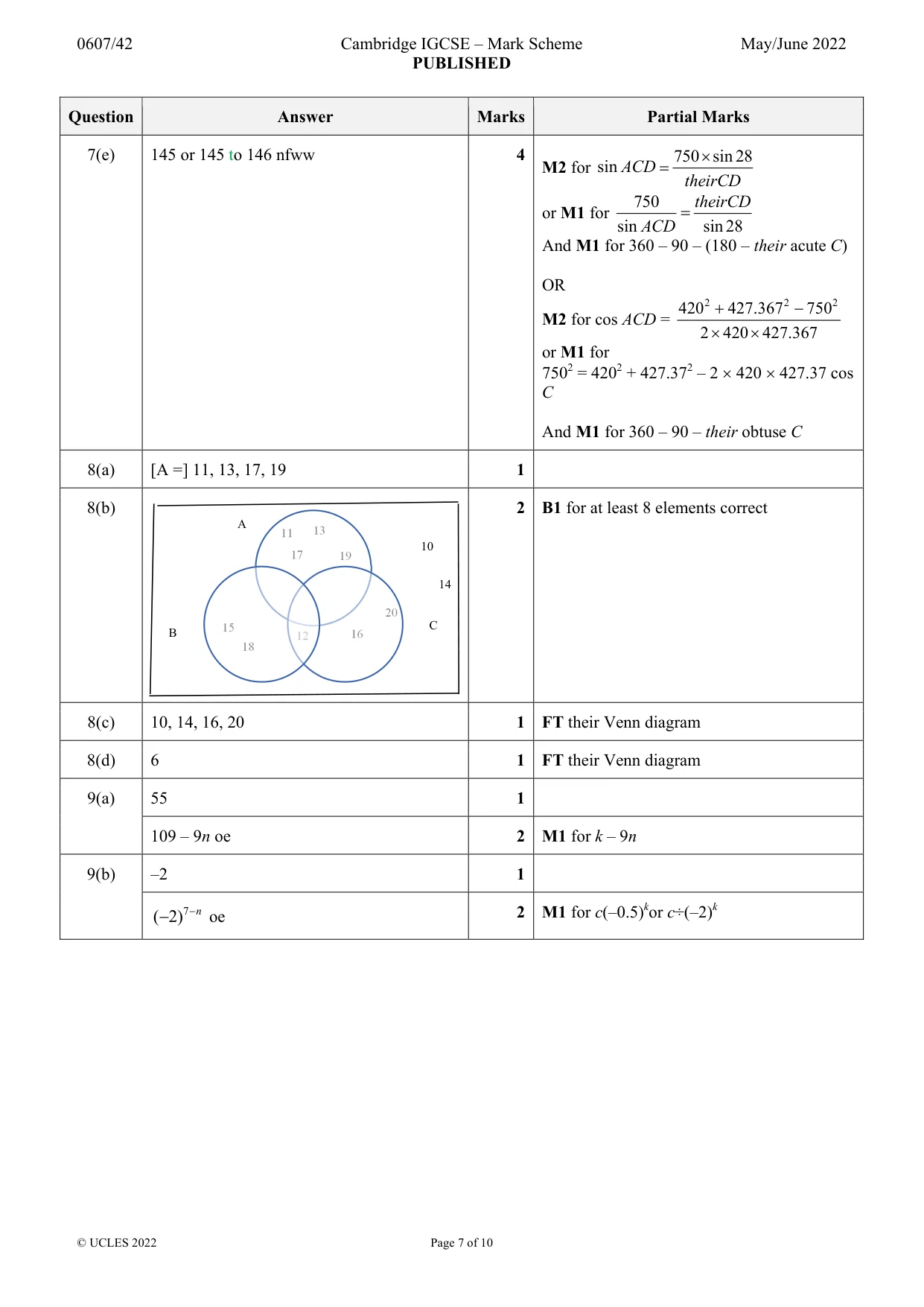 Mark scheme, page 7 of 10