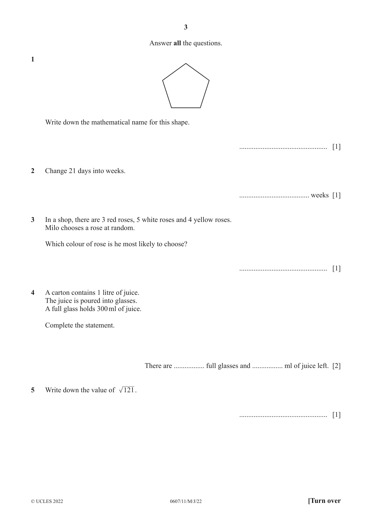 Cambridge IGCSE Mathematics - International 0607 2022 May/June Paper 1 · Variant 1 question paper, page 3 of 8