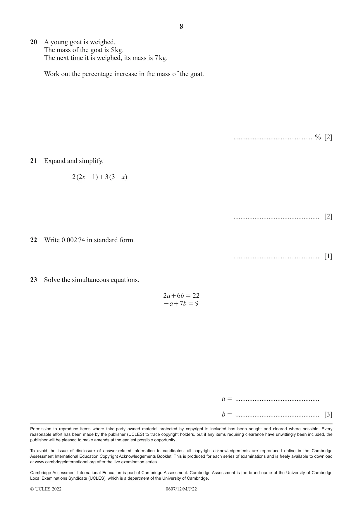 Cambridge IGCSE Mathematics - International 0607 2022 May/June Paper 1 · Variant 2 question paper, page 8 of 8