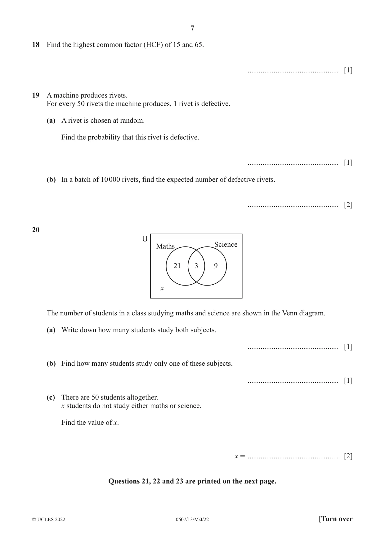 Cambridge IGCSE Mathematics - International 0607 2022 May/June Paper 1 · Variant 3 question paper, page 7 of 8