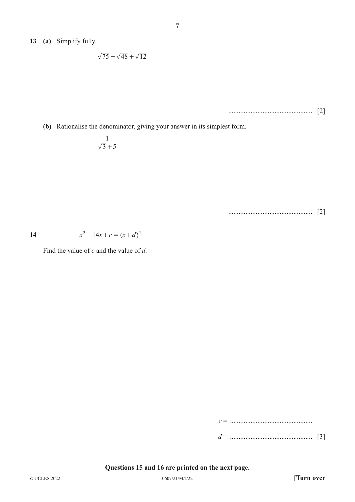 Cambridge IGCSE Mathematics - International 0607 2022 May/June Paper 2 · Variant 1 question paper, page 7 of 8