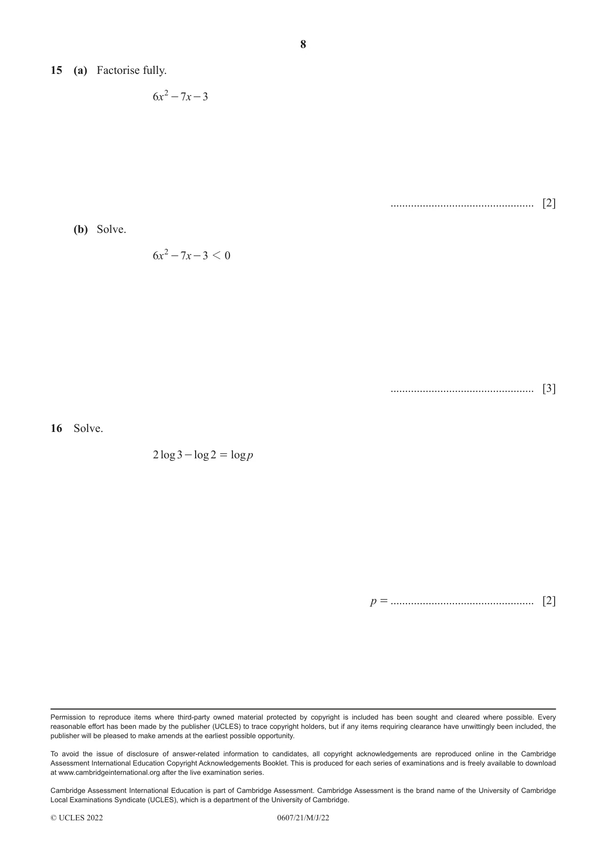 Cambridge IGCSE Mathematics - International 0607 2022 May/June Paper 2 · Variant 1 question paper, page 8 of 8