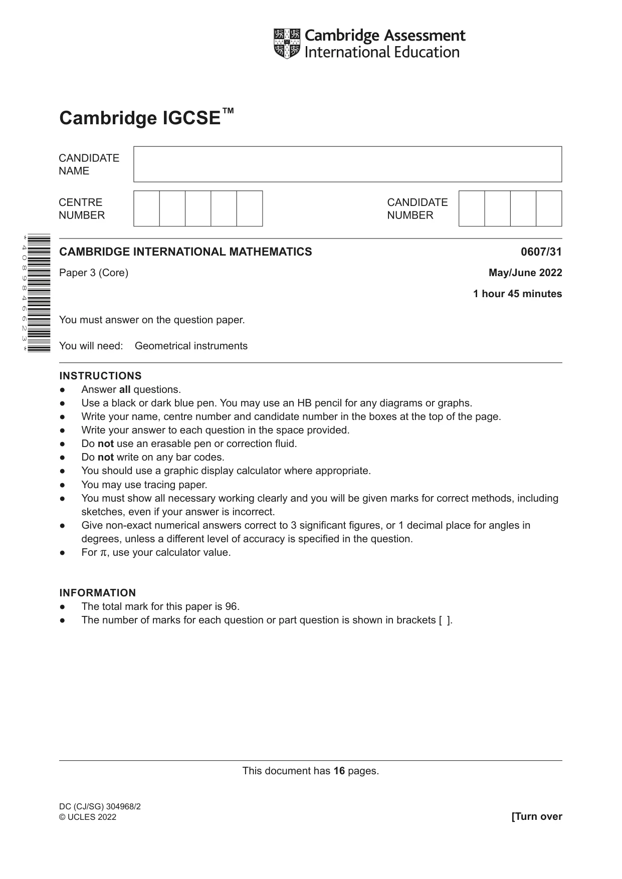 Cambridge IGCSE Mathematics - International 0607 2022 May/June Paper 3 · Variant 1 question paper, page 1 of 16