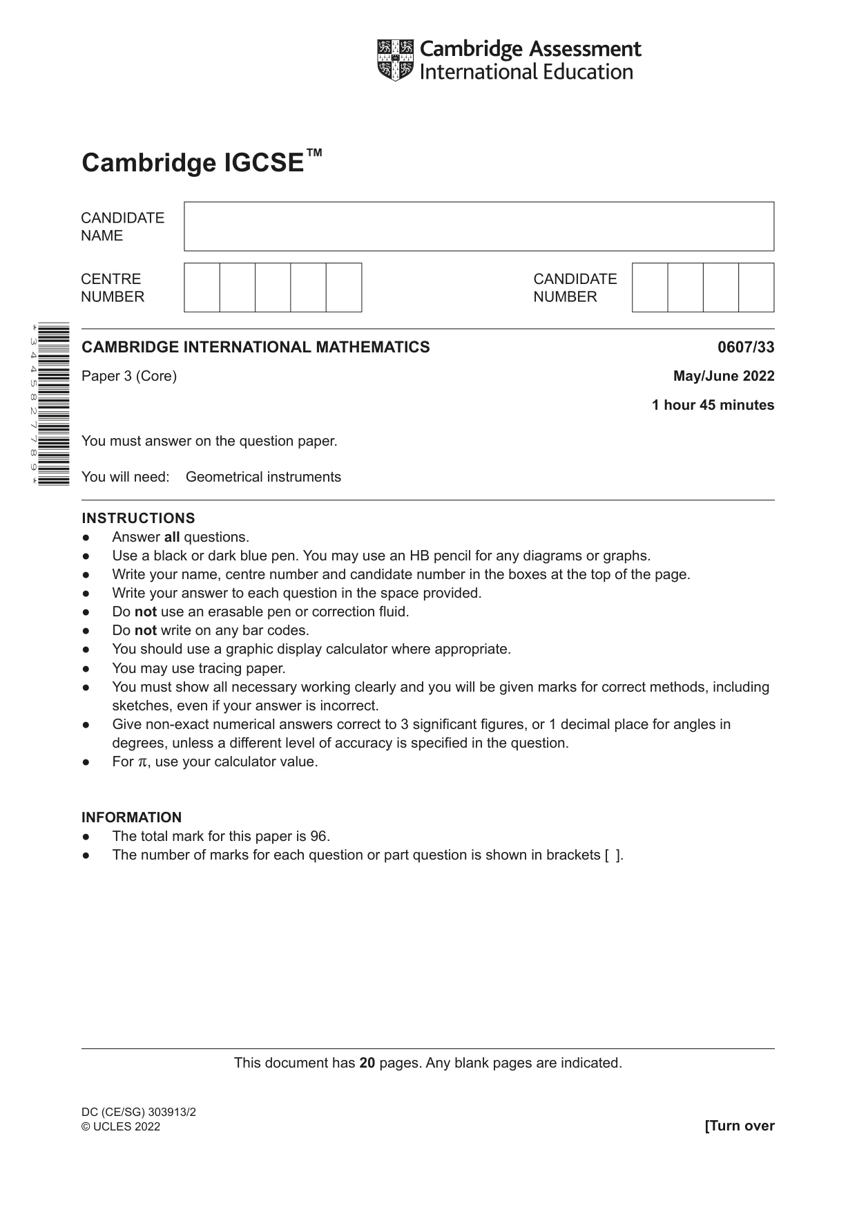 Cambridge IGCSE Mathematics - International 0607 2022 May/June Paper 3 · Variant 3 question paper, page 1 of 20
