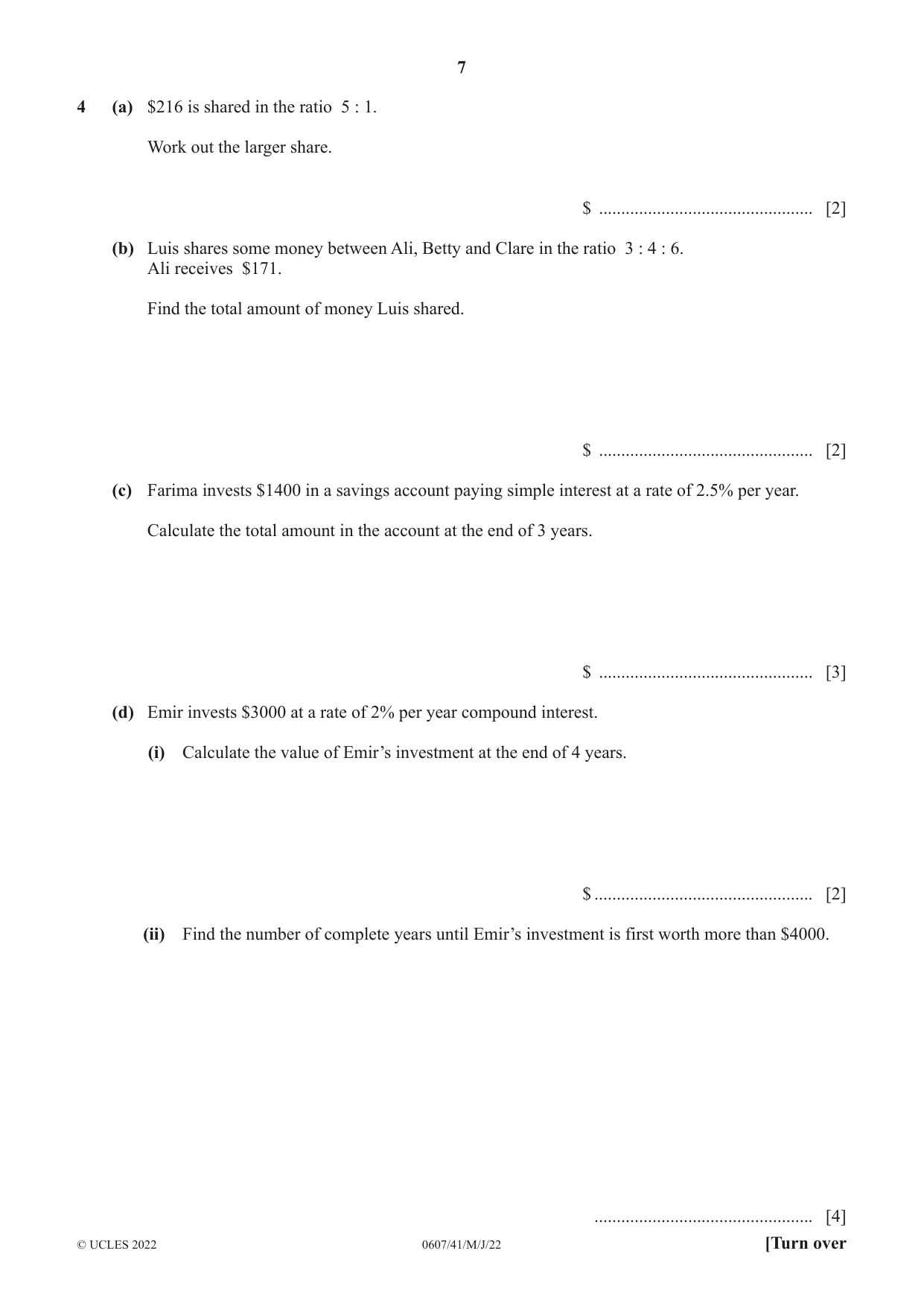 Cambridge IGCSE Mathematics - International 0607 2022 May/June Paper 4 · Variant 1 question paper, page 7 of 20