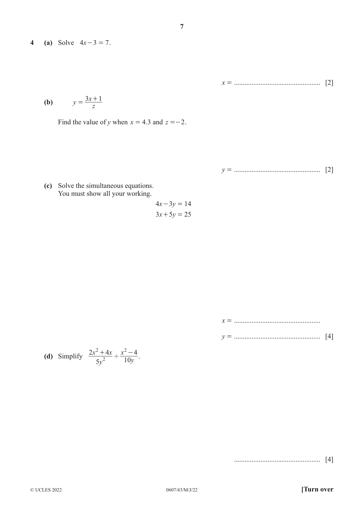 Cambridge IGCSE Mathematics - International 0607 2022 May/June Paper 4 · Variant 3 question paper, page 7 of 20