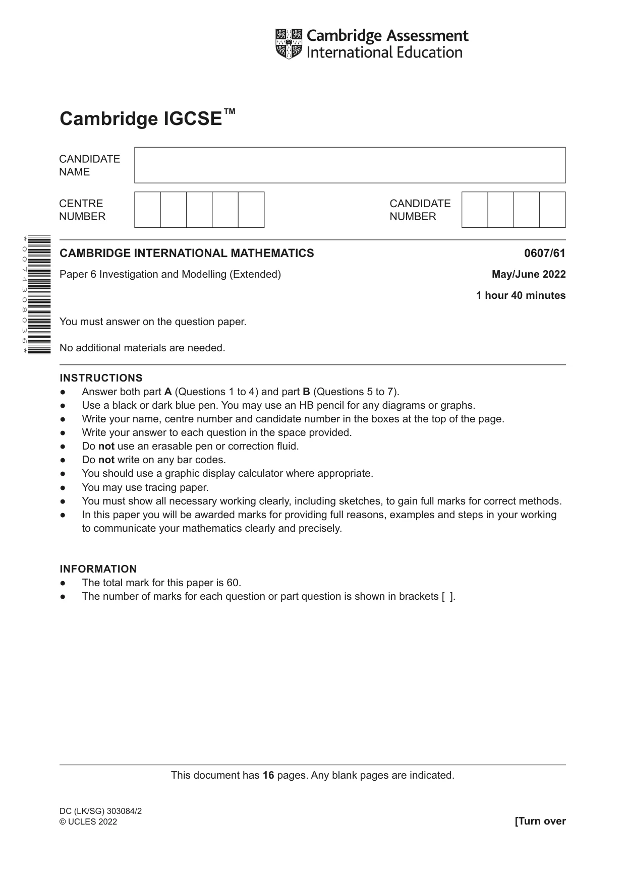 Cambridge IGCSE Mathematics - International 0607 2022 May/June Paper 6 · Variant 1 question paper, page 1 of 16