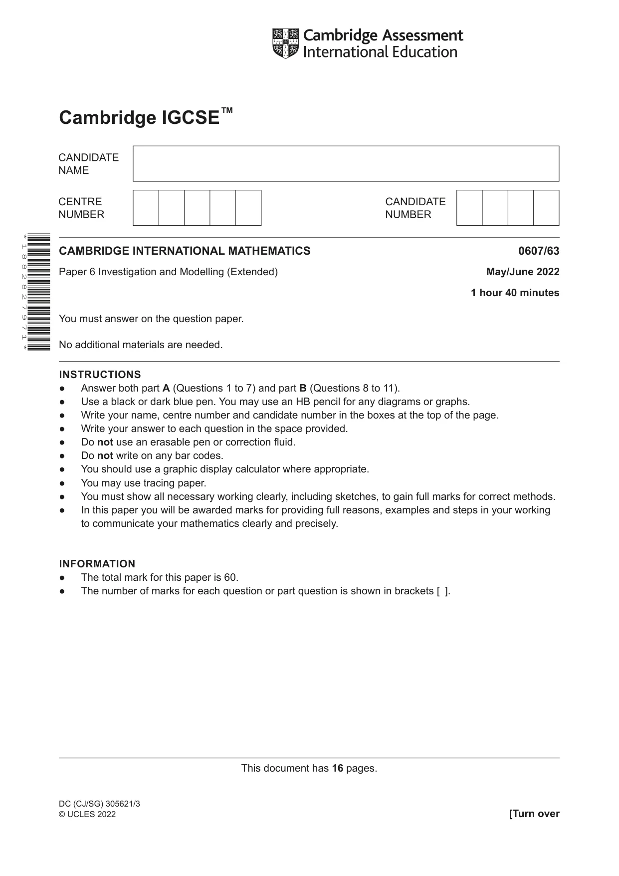 Cambridge IGCSE Mathematics - International 0607 2022 May/June Paper 6 · Variant 3 question paper, page 1 of 16
