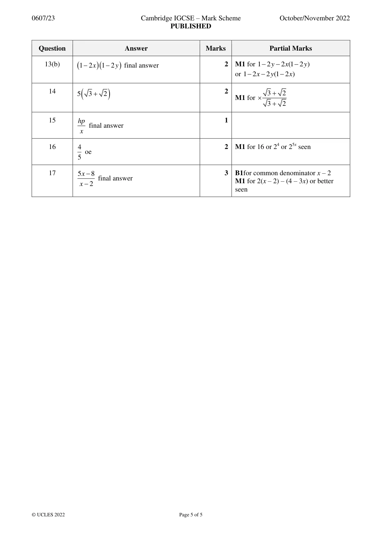 Mark scheme, page 5 of 5