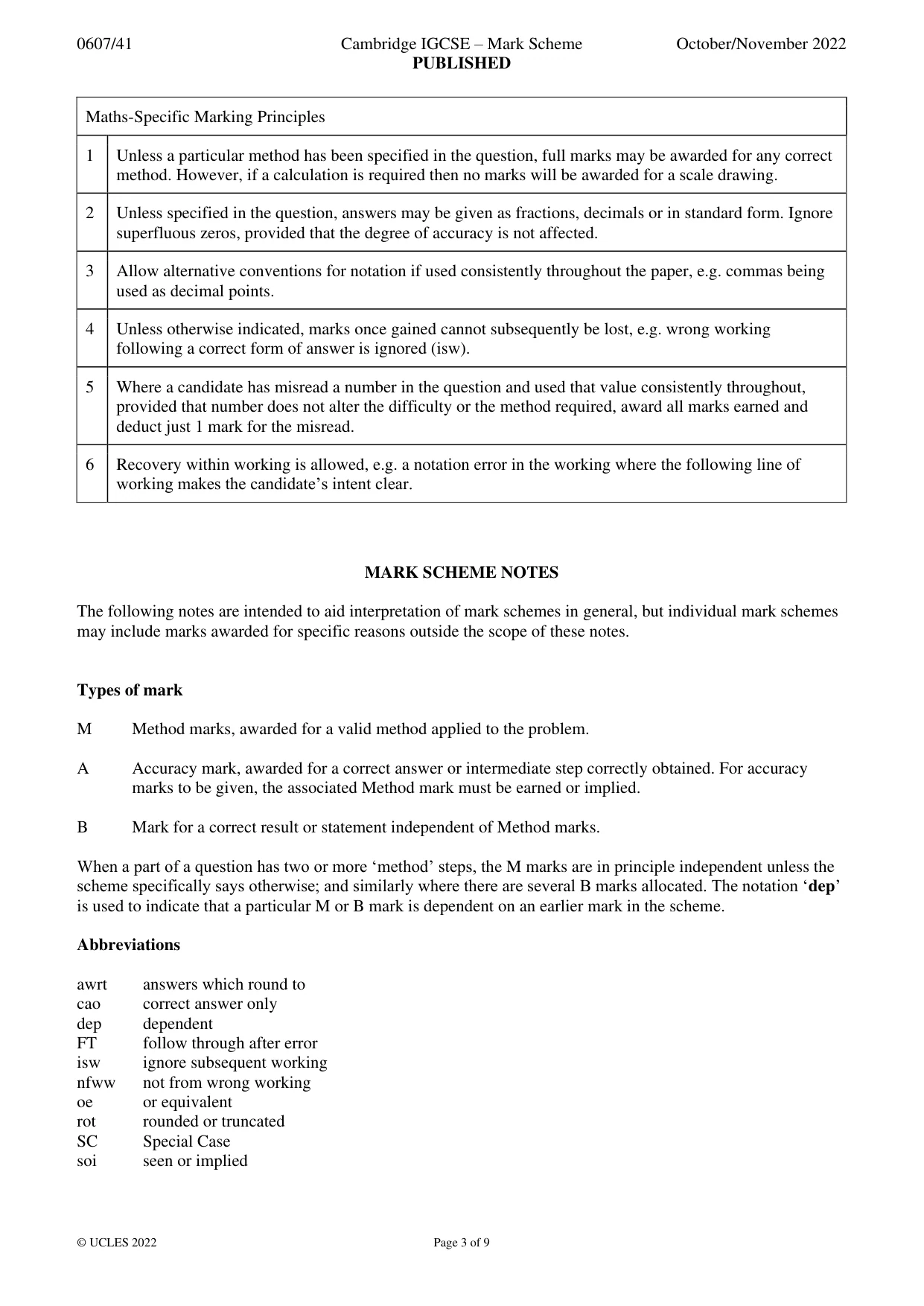 Mark scheme, page 3 of 9