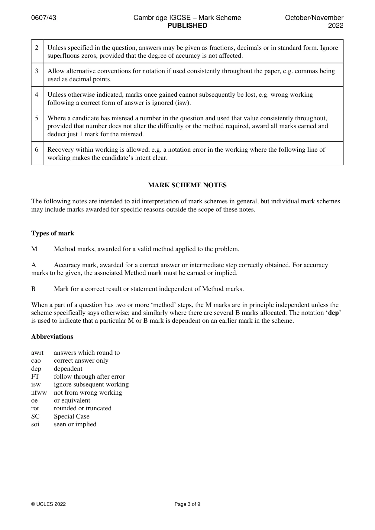 Mark scheme, page 3 of 9