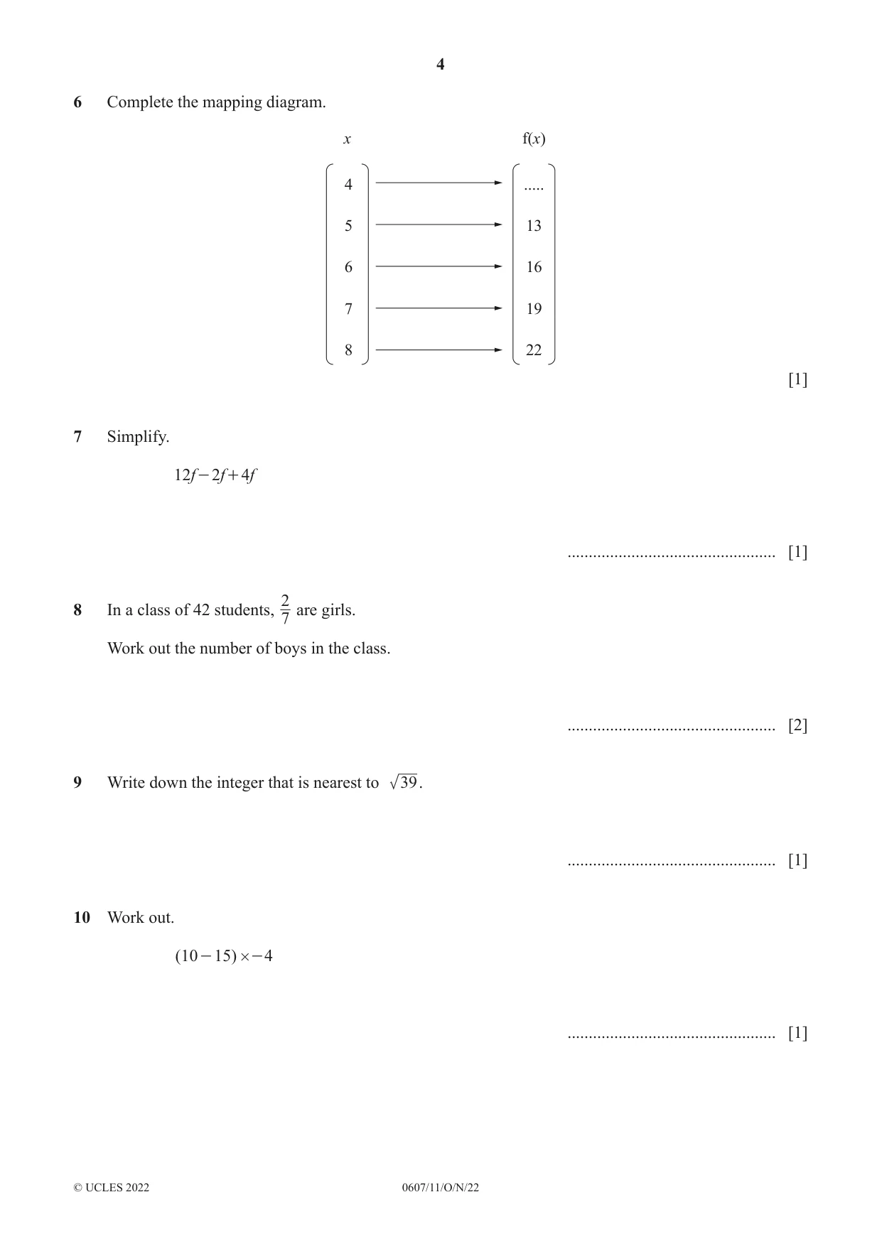 Cambridge IGCSE Mathematics - International 0607 2022 Oct/Nov Paper 1 · Variant 1 question paper, page 4 of 8