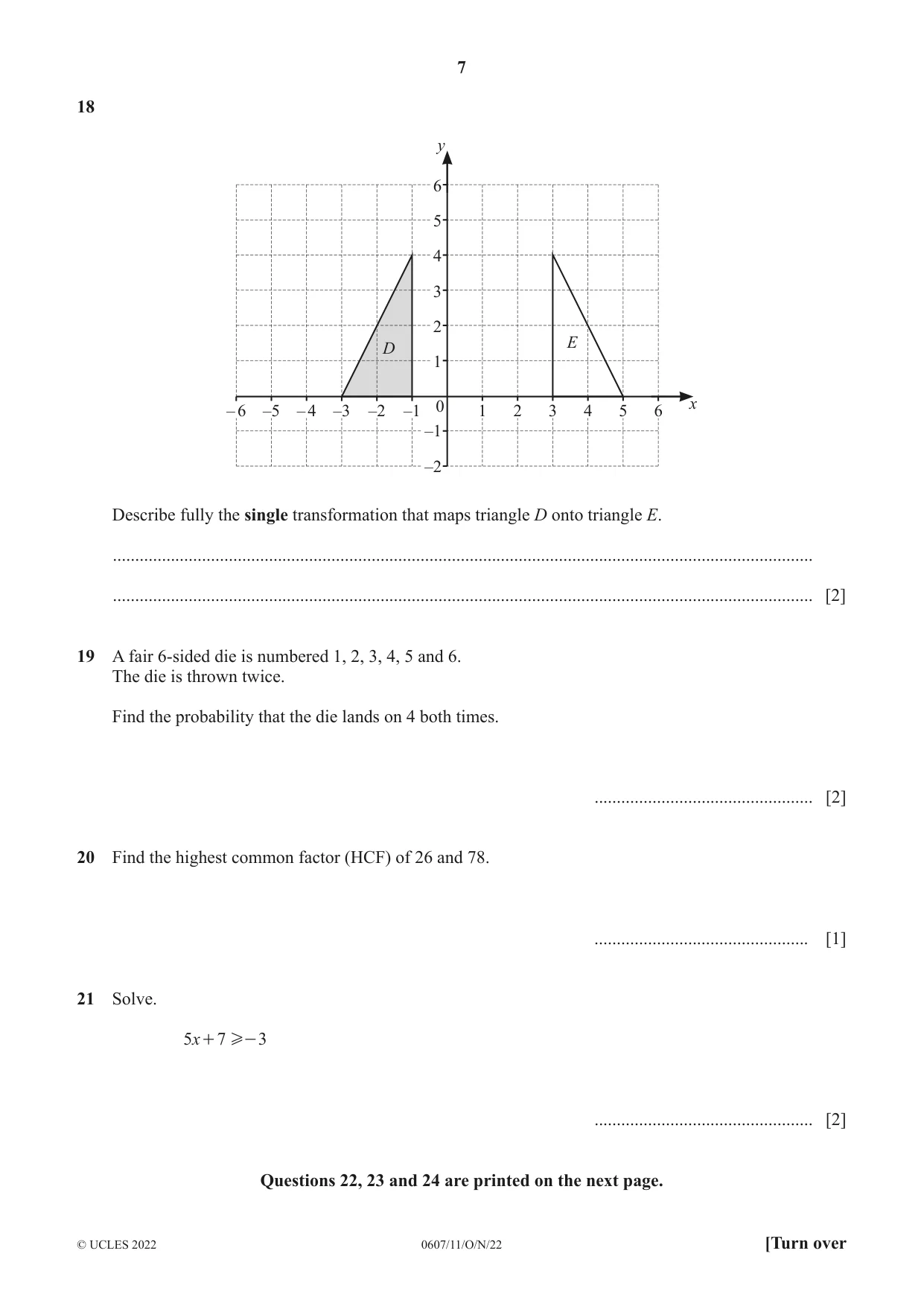 Cambridge IGCSE Mathematics - International 0607 2022 Oct/Nov Paper 1 · Variant 1 question paper, page 7 of 8