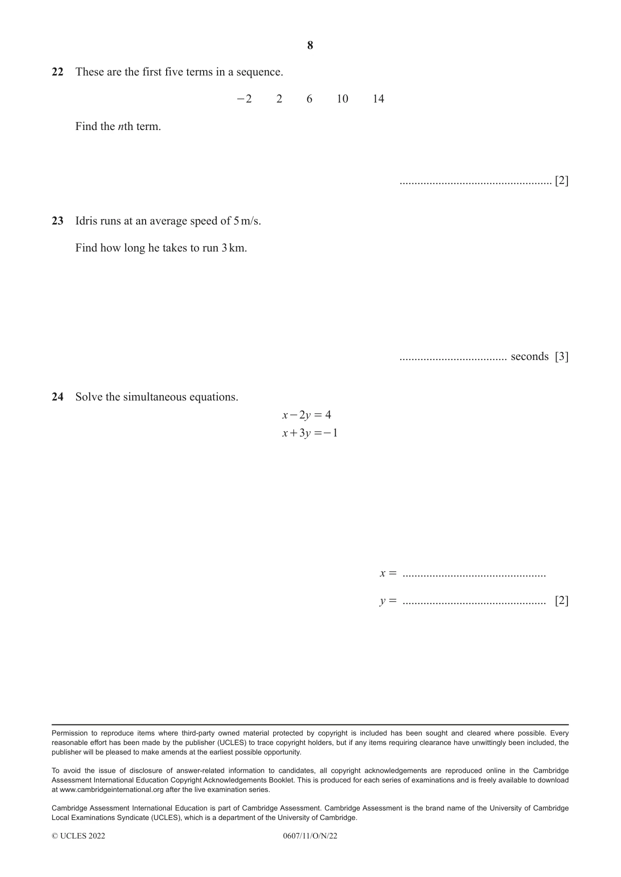 Cambridge IGCSE Mathematics - International 0607 2022 Oct/Nov Paper 1 · Variant 1 question paper, page 8 of 8