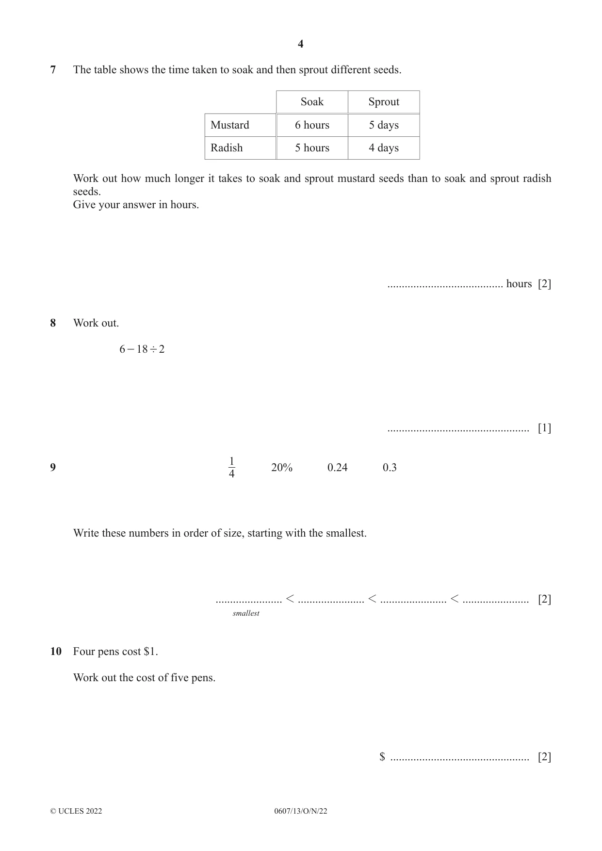 Cambridge IGCSE Mathematics - International 0607 2022 Oct/Nov Paper 1 · Variant 3 question paper, page 4 of 8